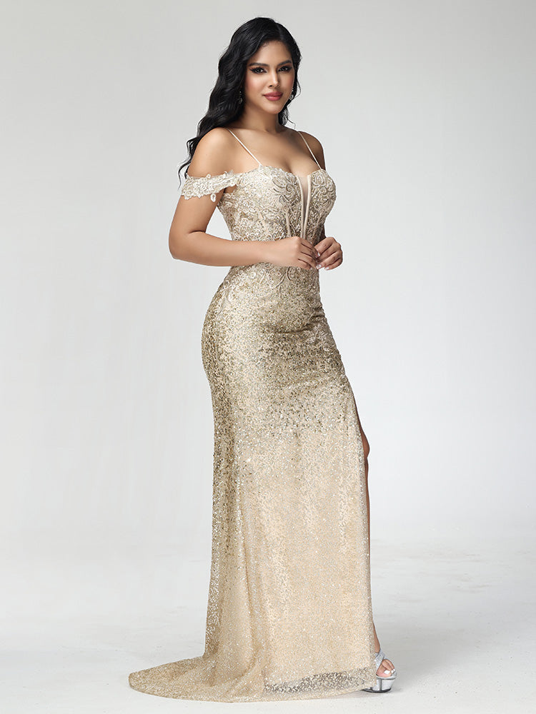 Bretelles Spaghetti Fente latérale Paillettes Robe de demoiselle d'honneur avec traîne CHAMPAGNE