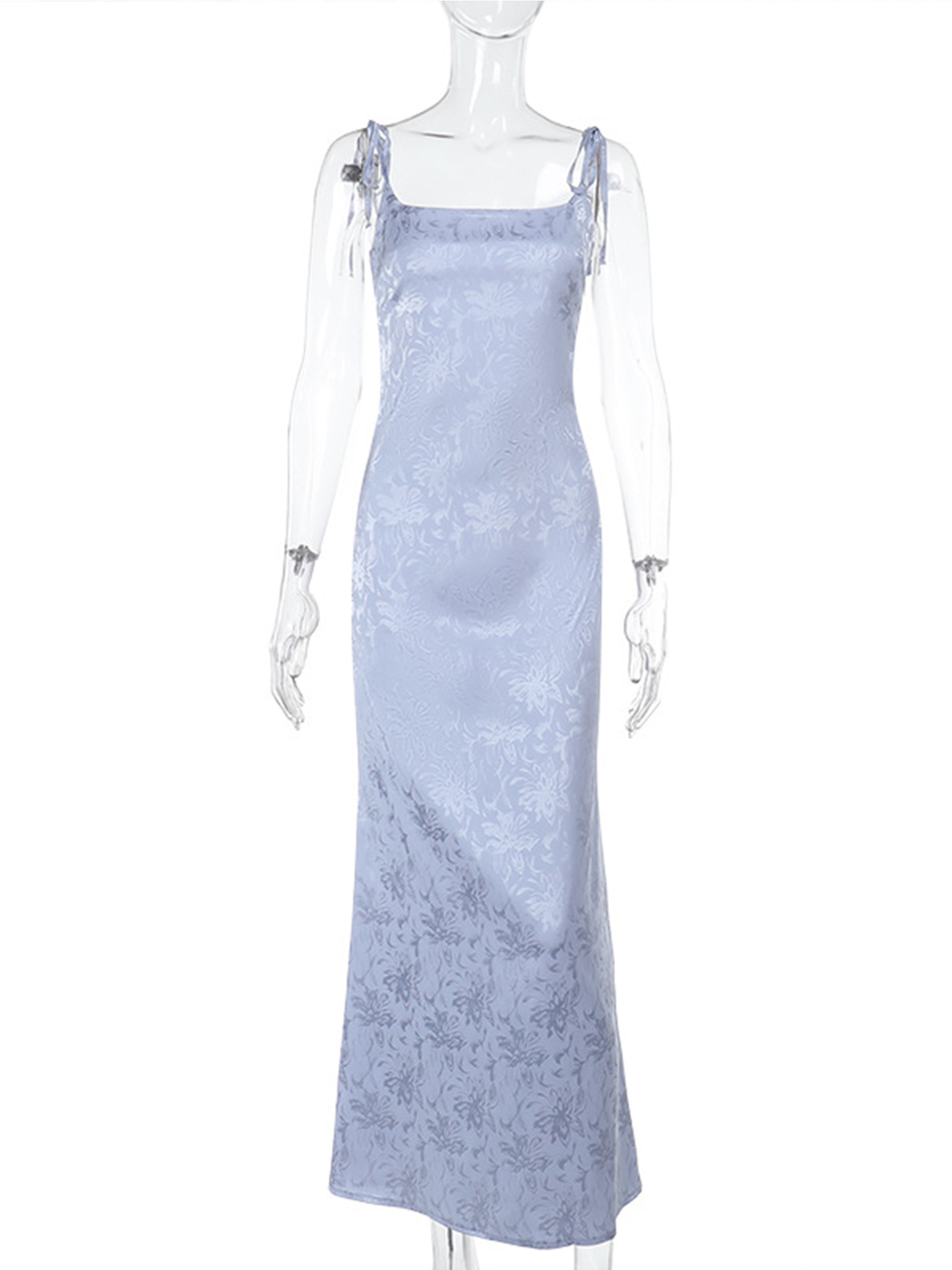 Robe Invitée Mariage BLEU_CIEL Encolure Carrée Bretelles Fines Imprimée Coupe Fourreau