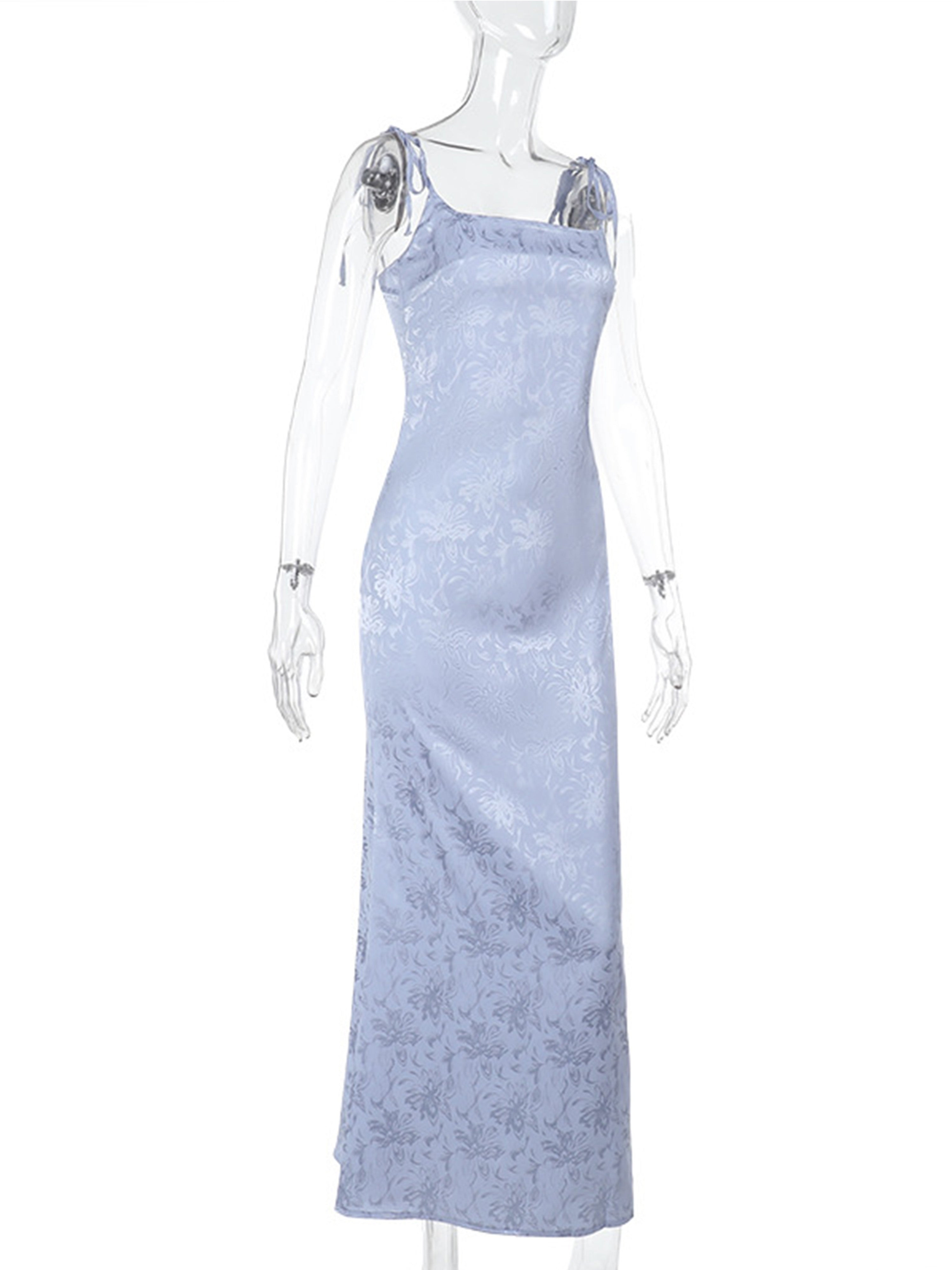 Robe Invitée Mariage BLEU_CIEL Encolure Carrée Bretelles Fines Imprimée Coupe Fourreau