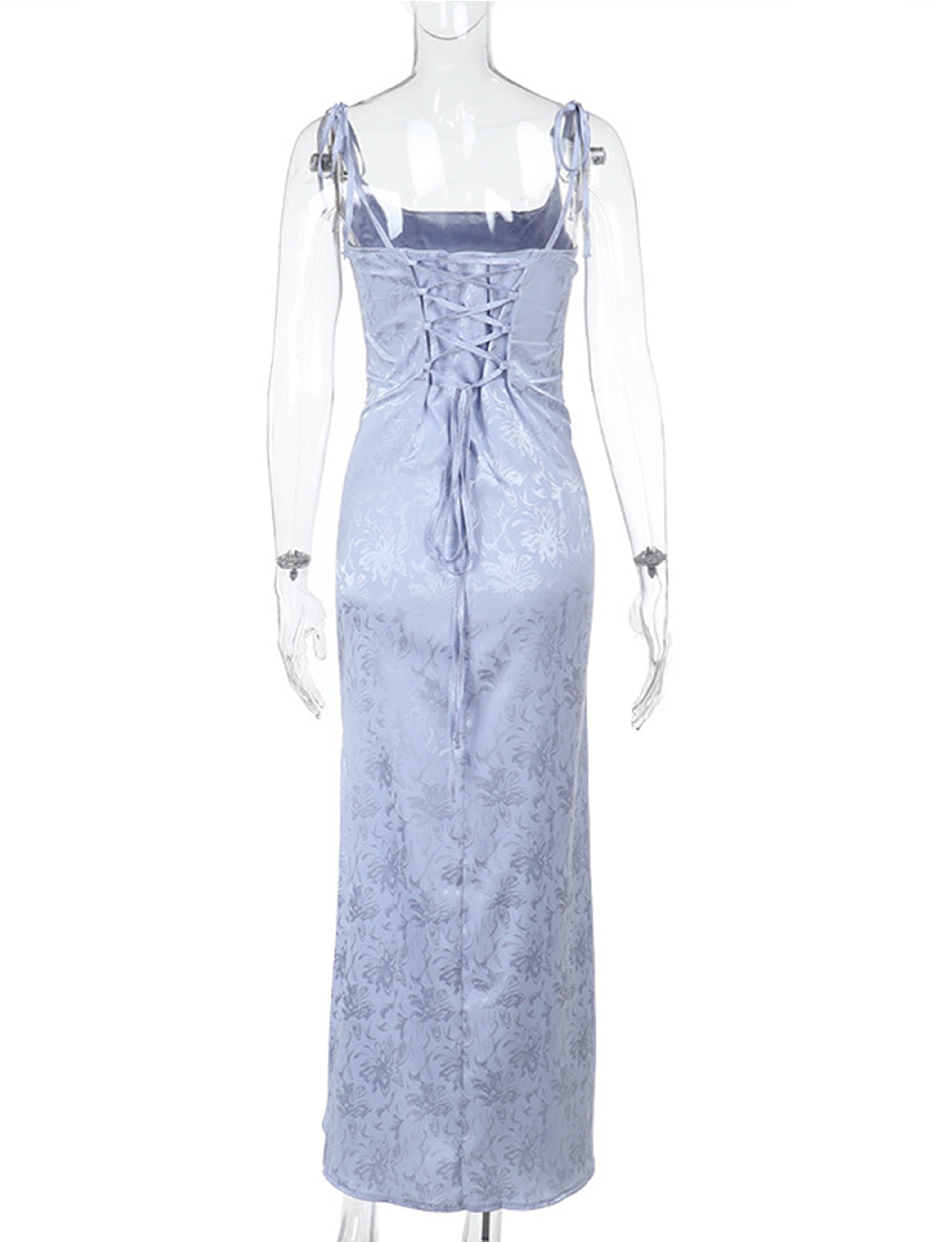 Robe Invitée Mariage BLEU_CIEL Encolure Carrée Bretelles Fines Imprimée Coupe Fourreau