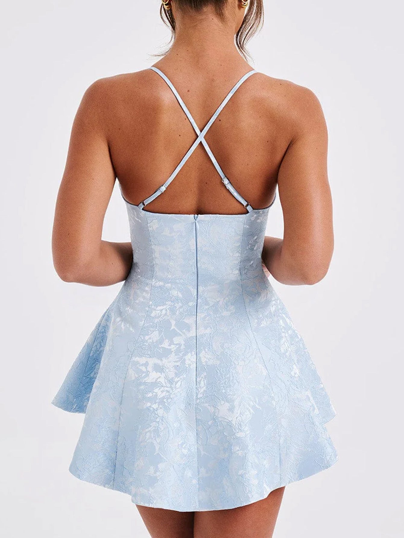 Robe Invitée Mariage BLEU_CIEL Florale à Bretelles croisées Sans Manches