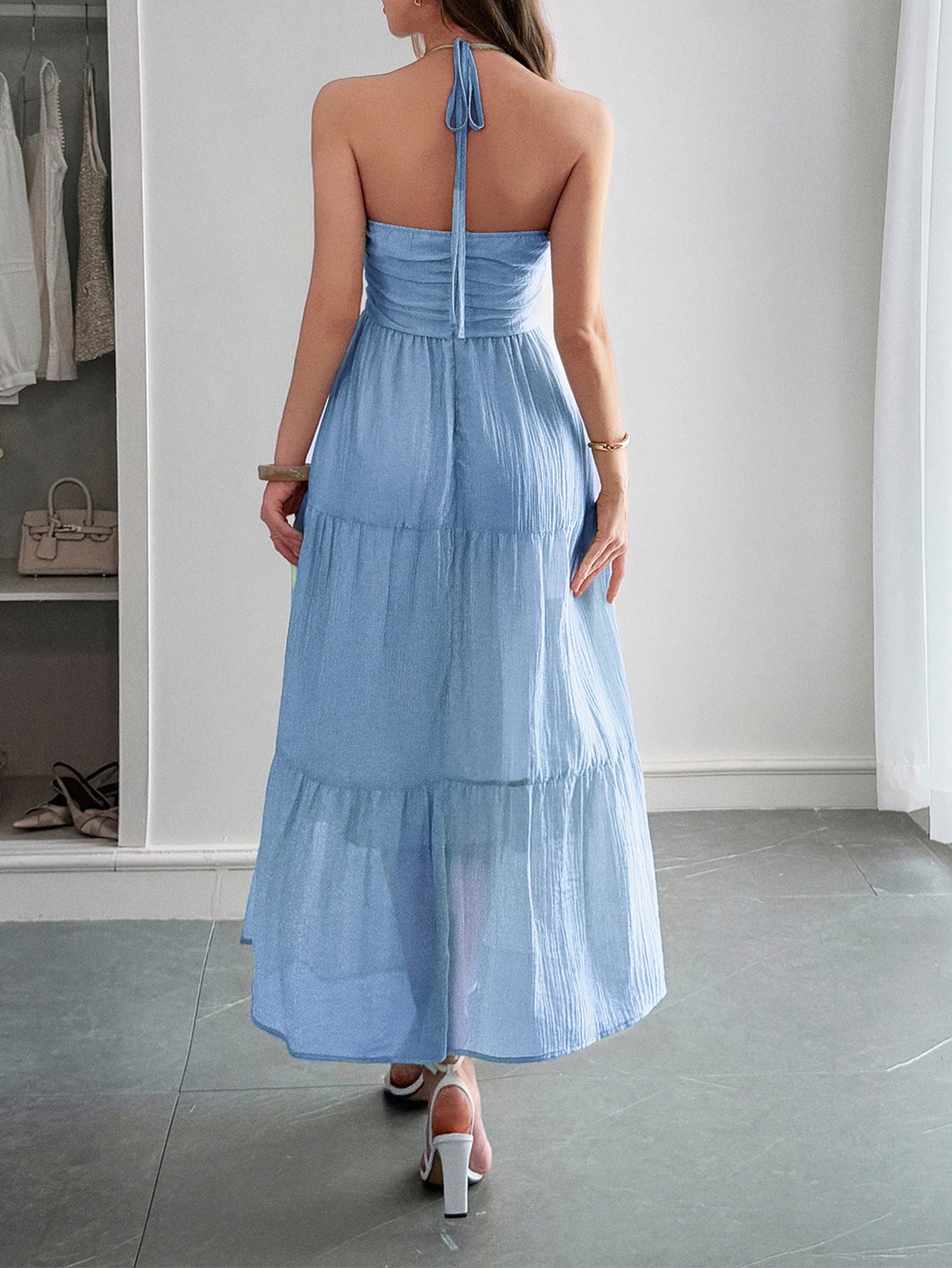Robe Invitée Mariage Bleu Licou Sans Manches Longueur Cheville
