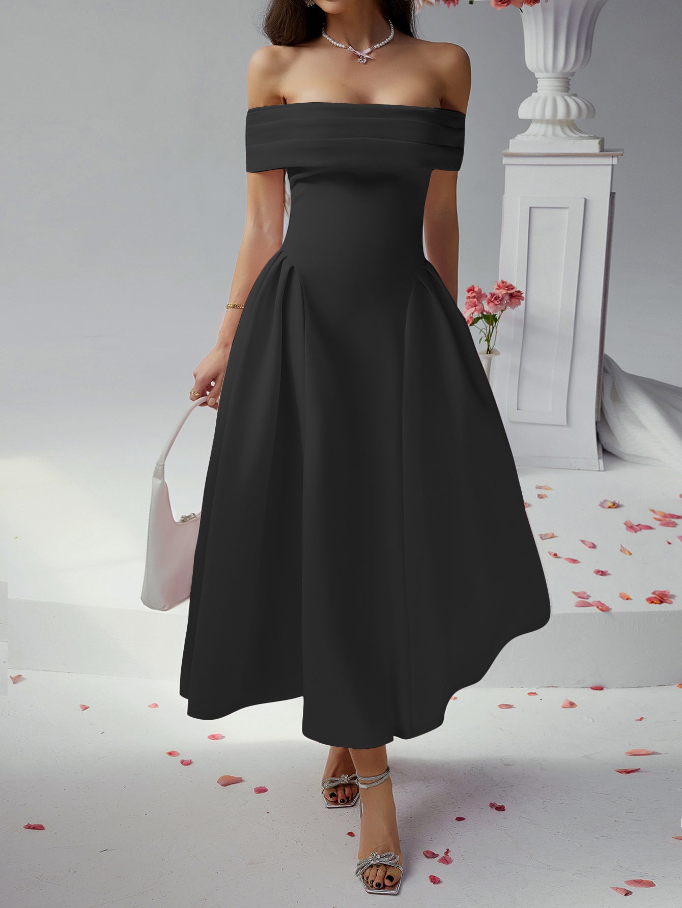 Robe Invitée Mariage Noire Épaules Dénudées Sans Bretelles Longueur Cheville