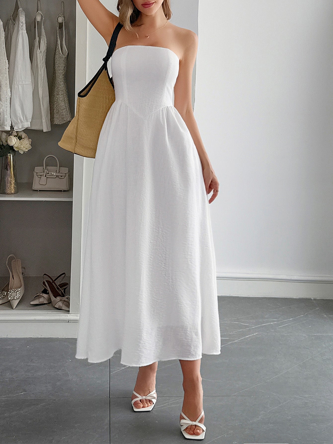 Robe Invitée Mariage Blanche Uni Élégante Coupe A Longue