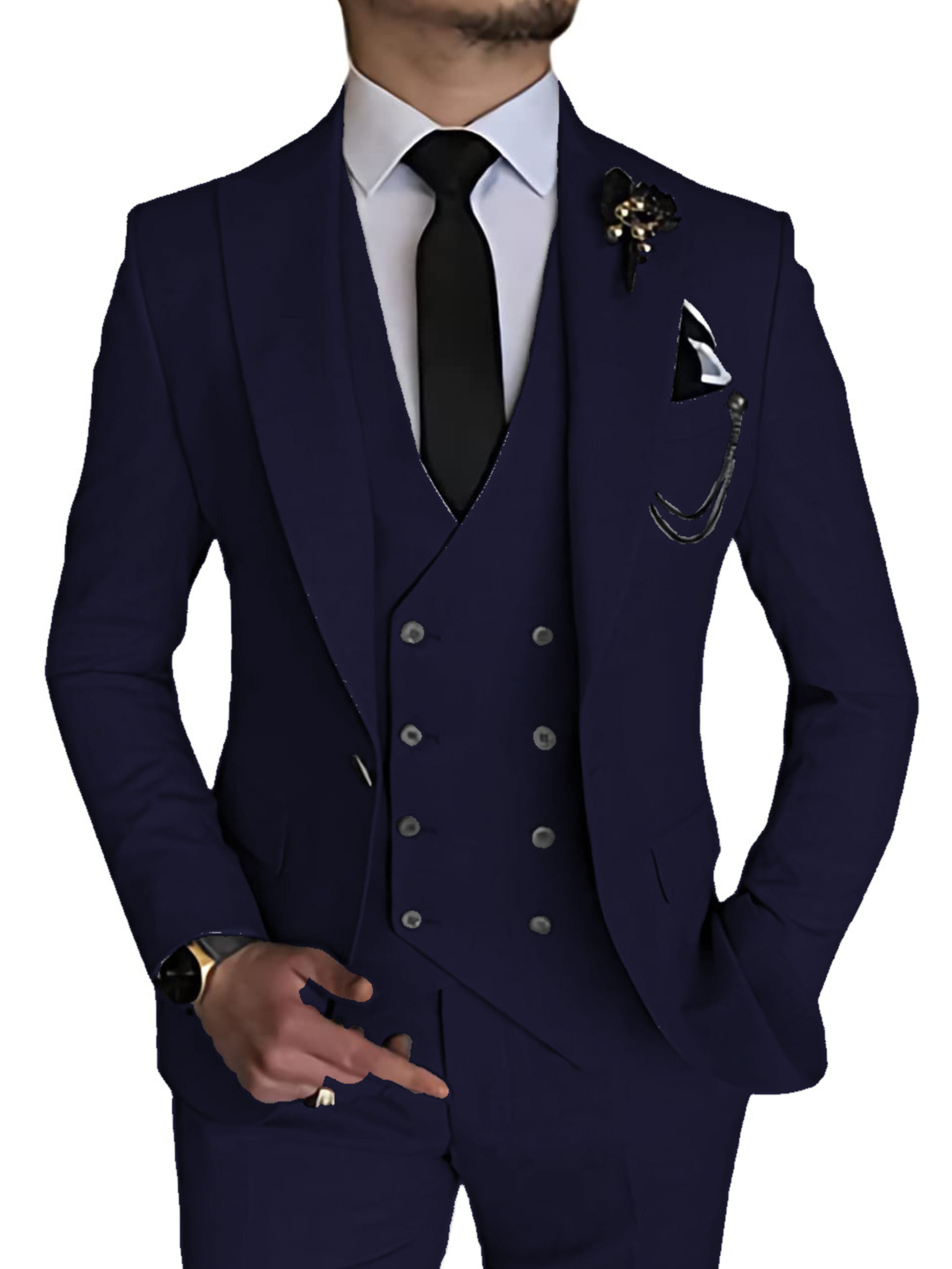 Costume 3 Pièces Homme Affaires en BLEU_MARINE Costume Marié et Garçon d'Honneur Élégant