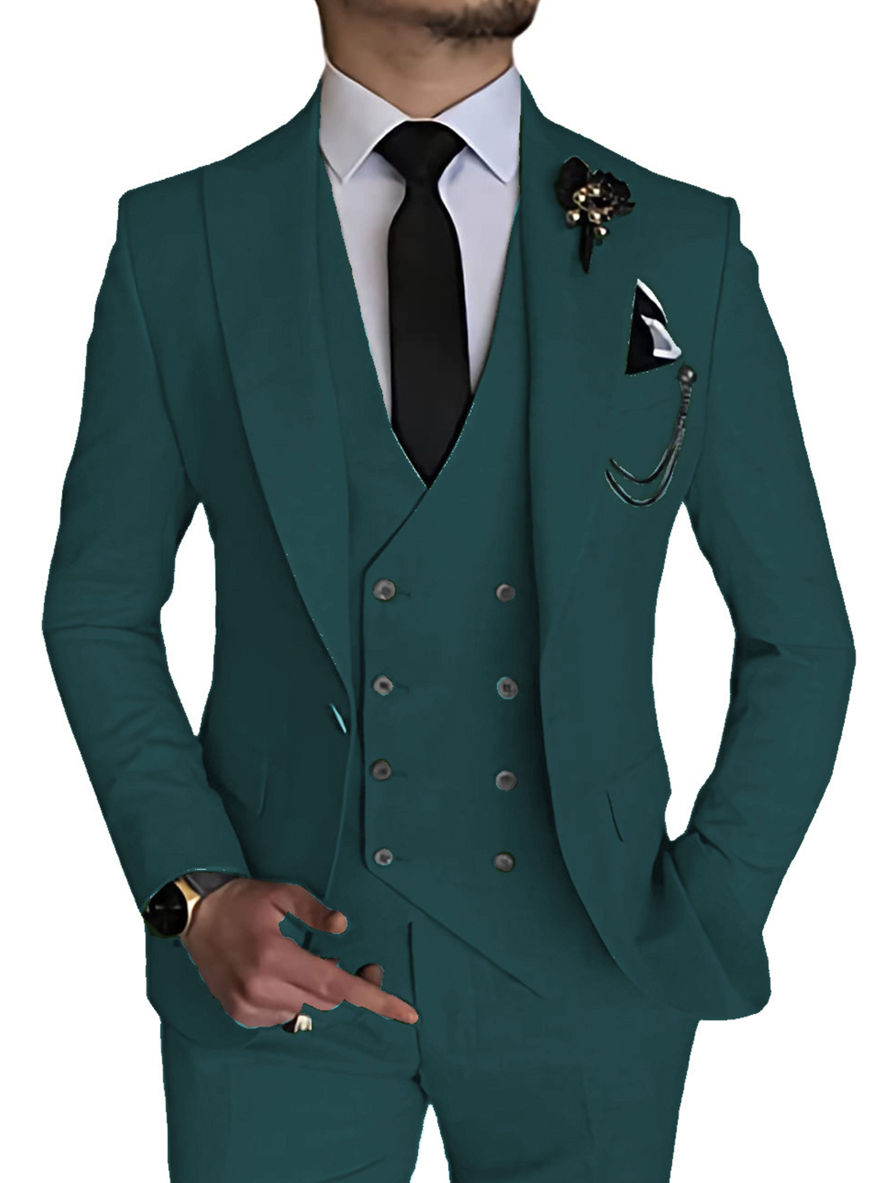 Costume 3 Pièces Homme Affaires en VERT_FONCE Costume Marié et Garçon d'Honneur Élégant