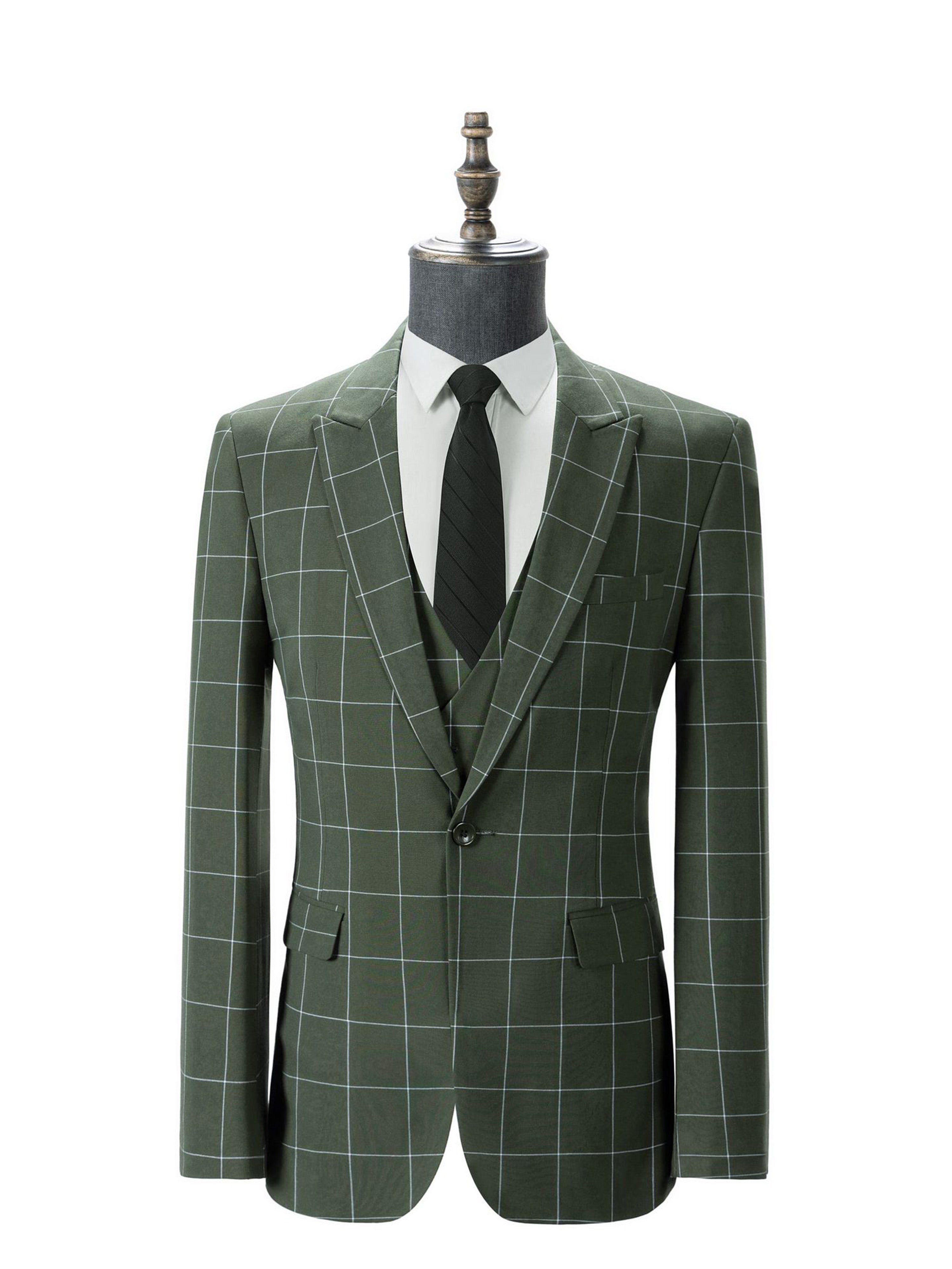 Costume Homme 3 Pièces en VERT_OLIVE à Carreaux Cérémonie Mariage & Affaires Taille Slim