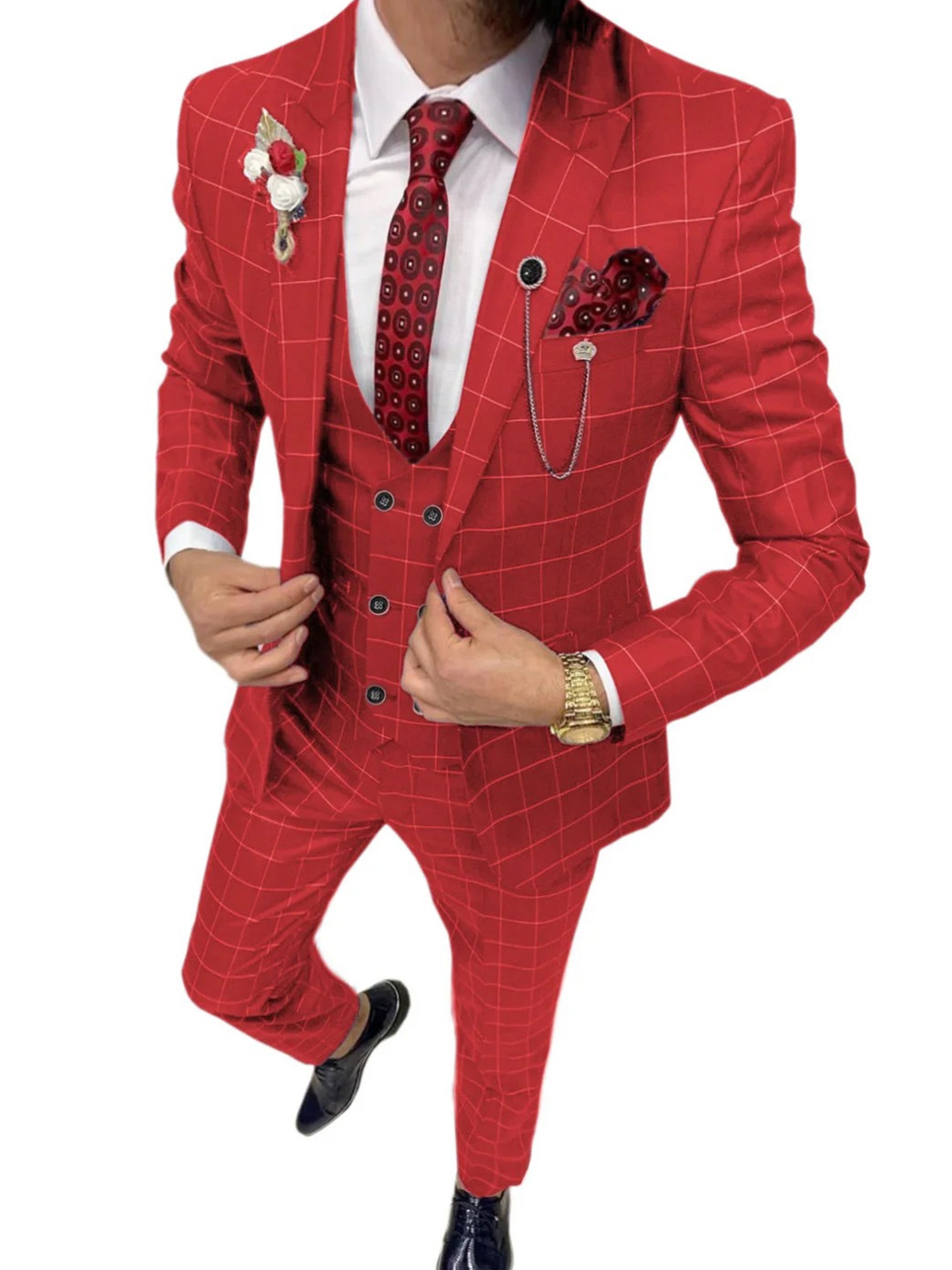 Costume Homme 3 Pièces en ROUGE à Carreaux Cérémonie Mariage & Affaires Taille Slim