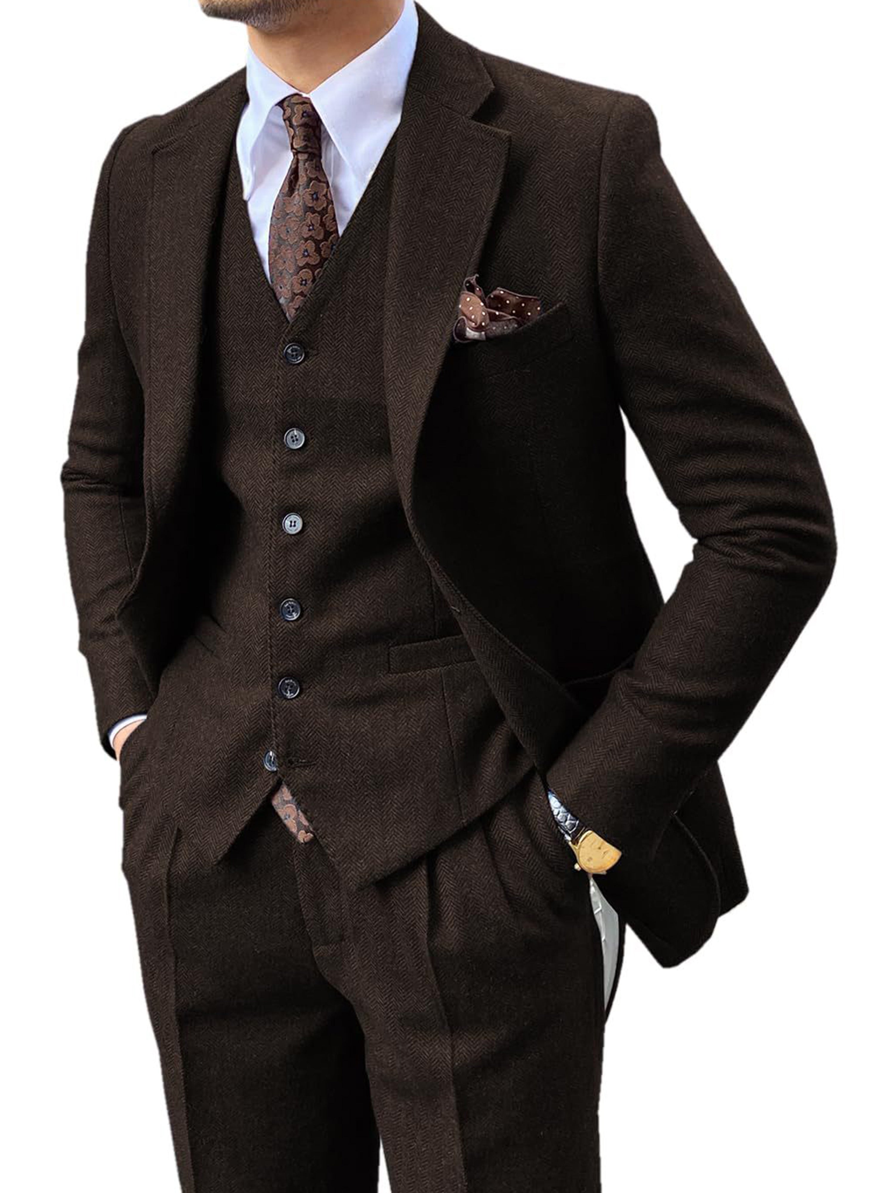 Costume Homme 3 Pièces en CAFE en Laine Cardée à Motif Chevron Nouvelle Collection Cérémonie & Affaires