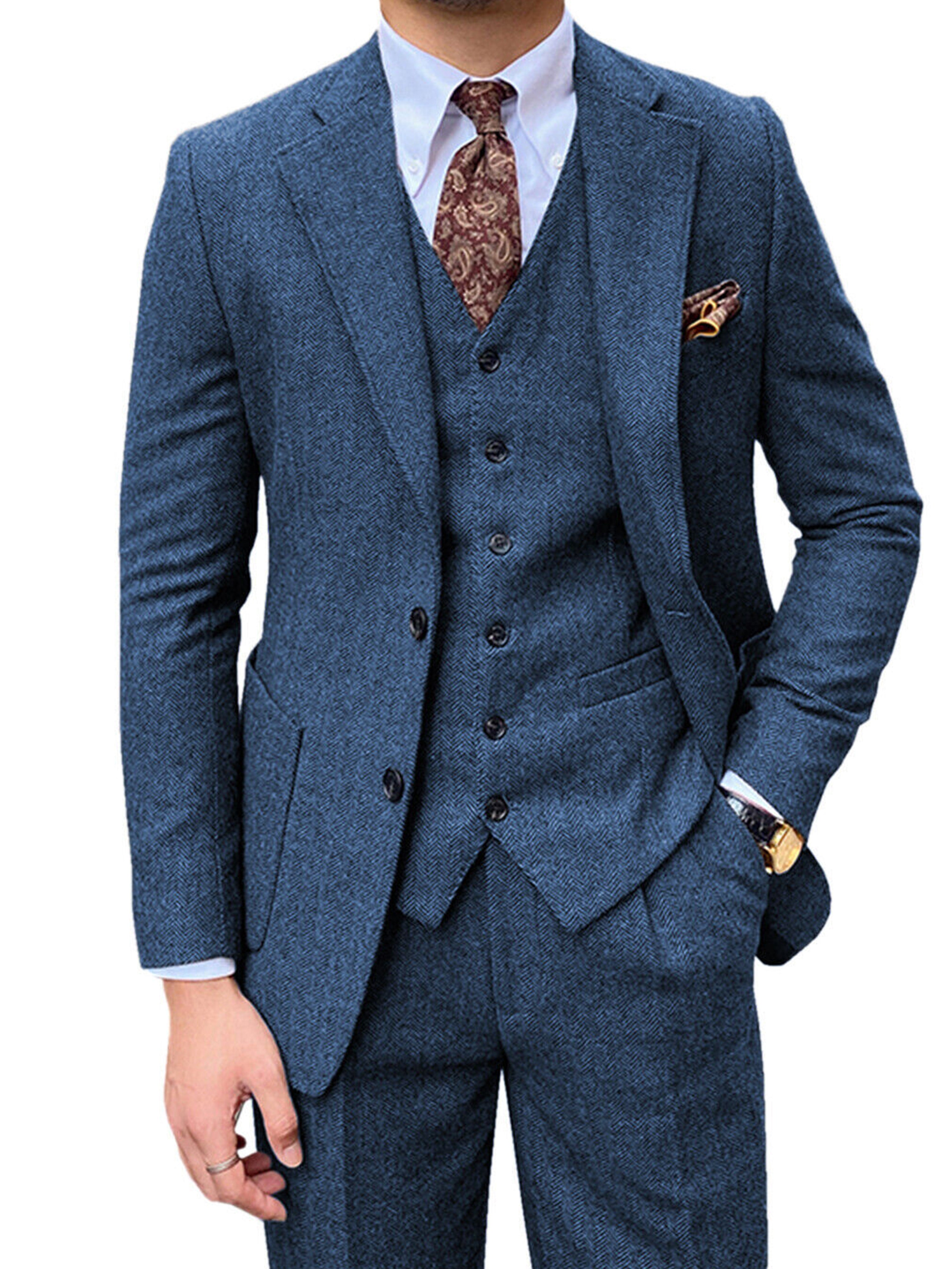 Costume Homme 3 Pièces en BLEU en Laine Cardée à Motif Chevron Nouvelle Collection Cérémonie & Affaires