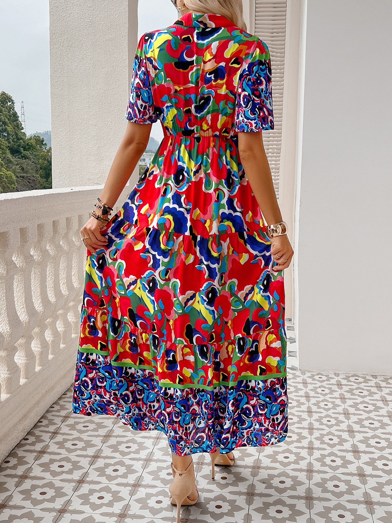 Robe Invitée Mariage Bleu Foncé à ContrasteEncolure V et Manches Courtes