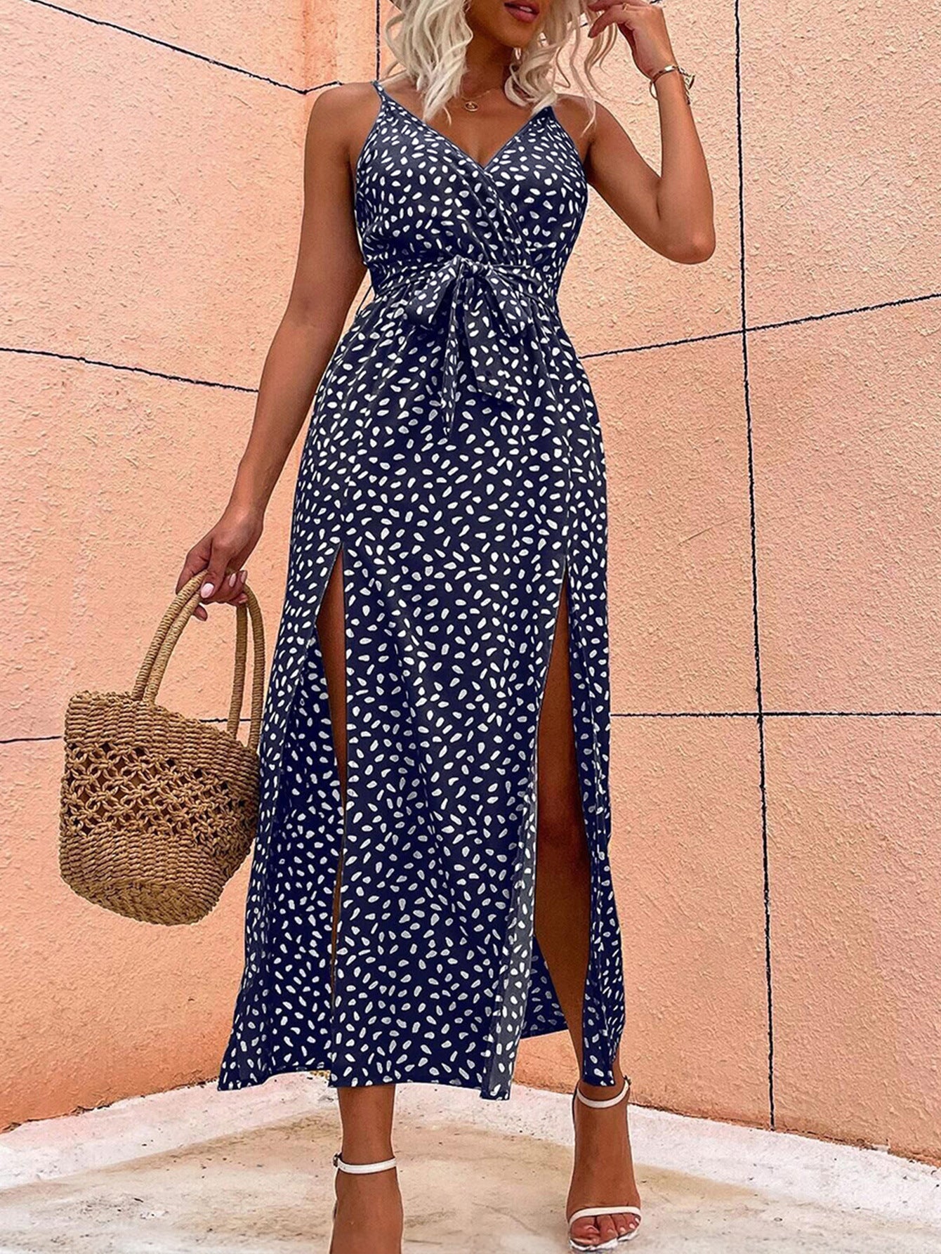 Robe Invitée Mariage BLEU_MARINE Encolure V Sans Manches avec Fente