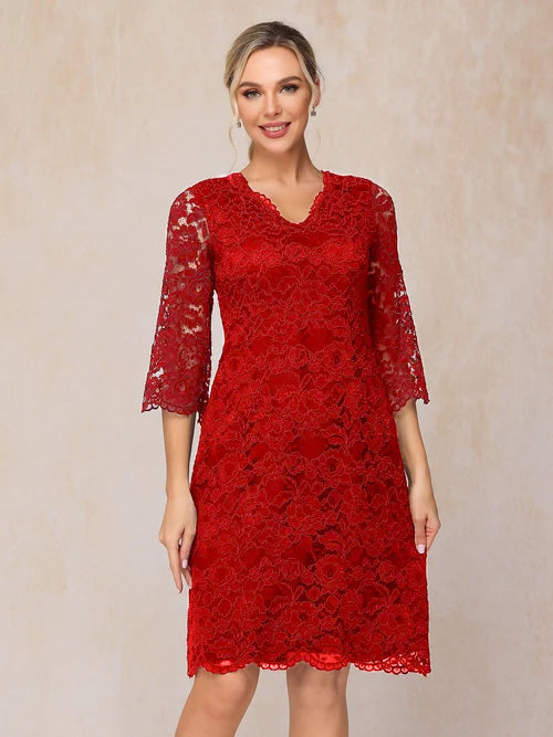 Fourreau Col V Dos V Manches 1/2 Dentelle Robe Mère de la Mariée