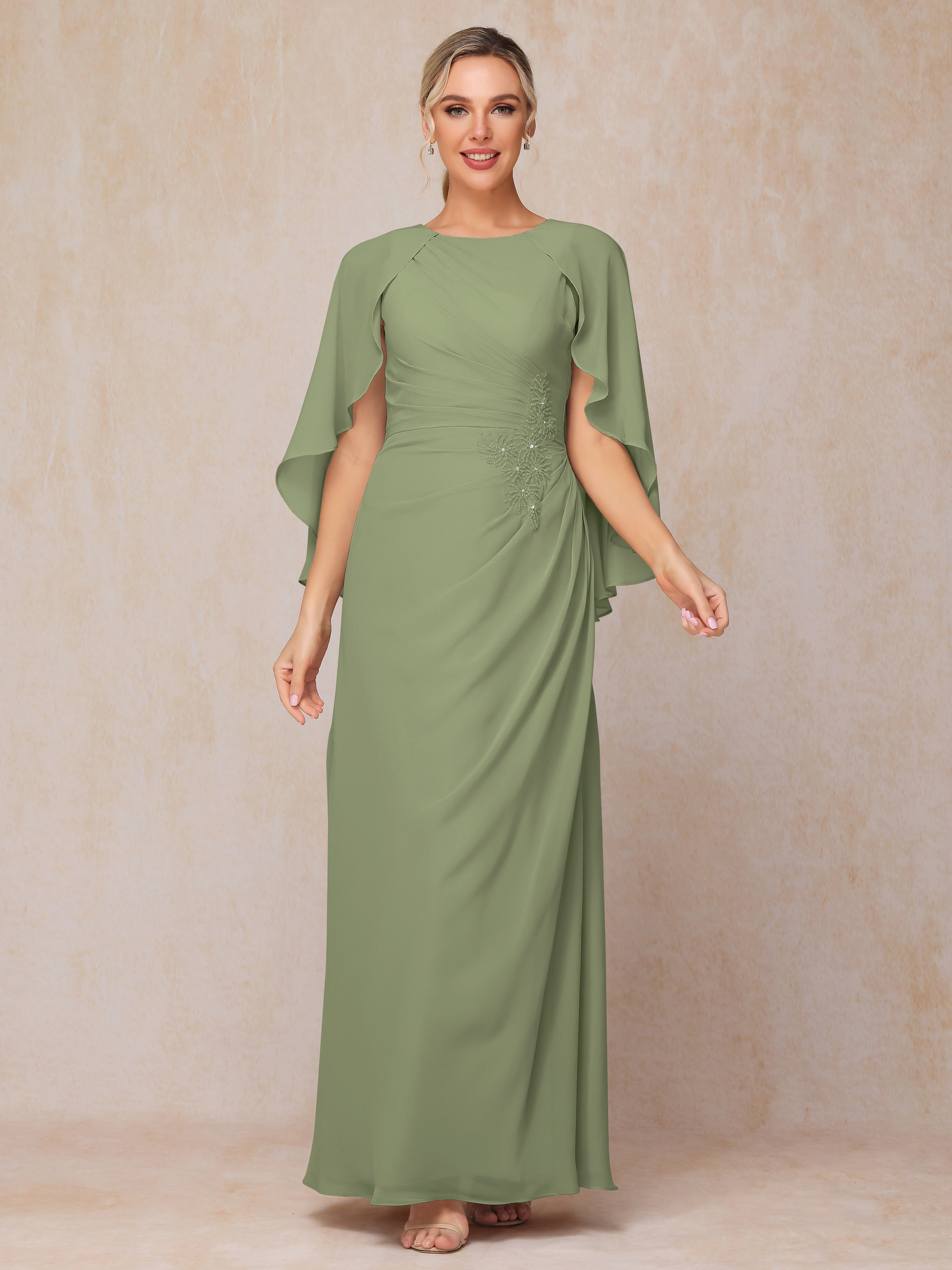 Trapèze Col bateau Mousseline Robe Mère de la Mariée décoré dentelle avec cape