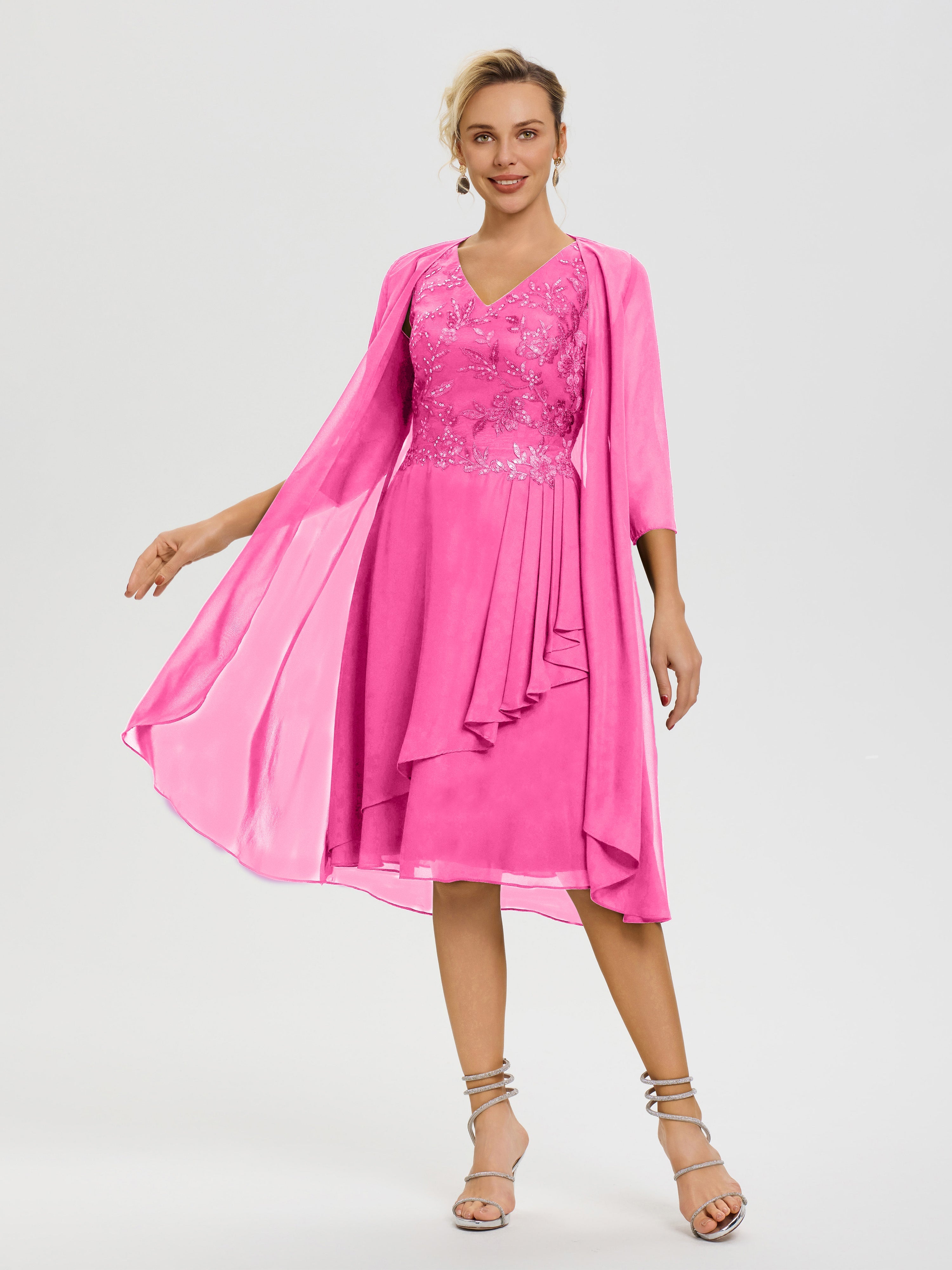 Robe Mère Mariée Azalée 2 Pièces Asymétrique Col V Mousseline & Dentelle Tenue Mère De La Mariée Très Chic