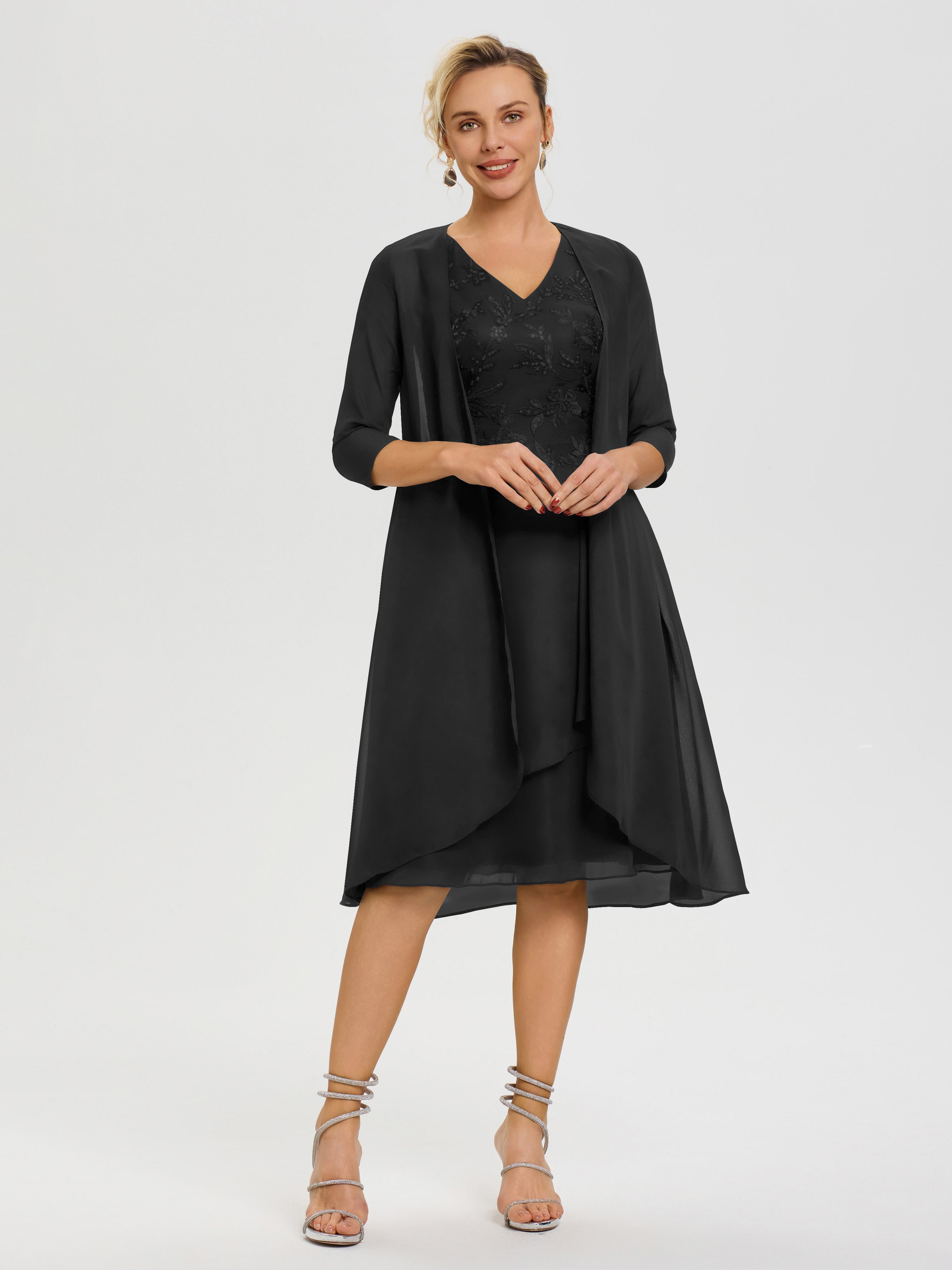 Robe Mère Mariée Noir 2 Pièces Asymétrique Col V Mousseline & Dentelle Tenue Mère De La Mariée Très Chic