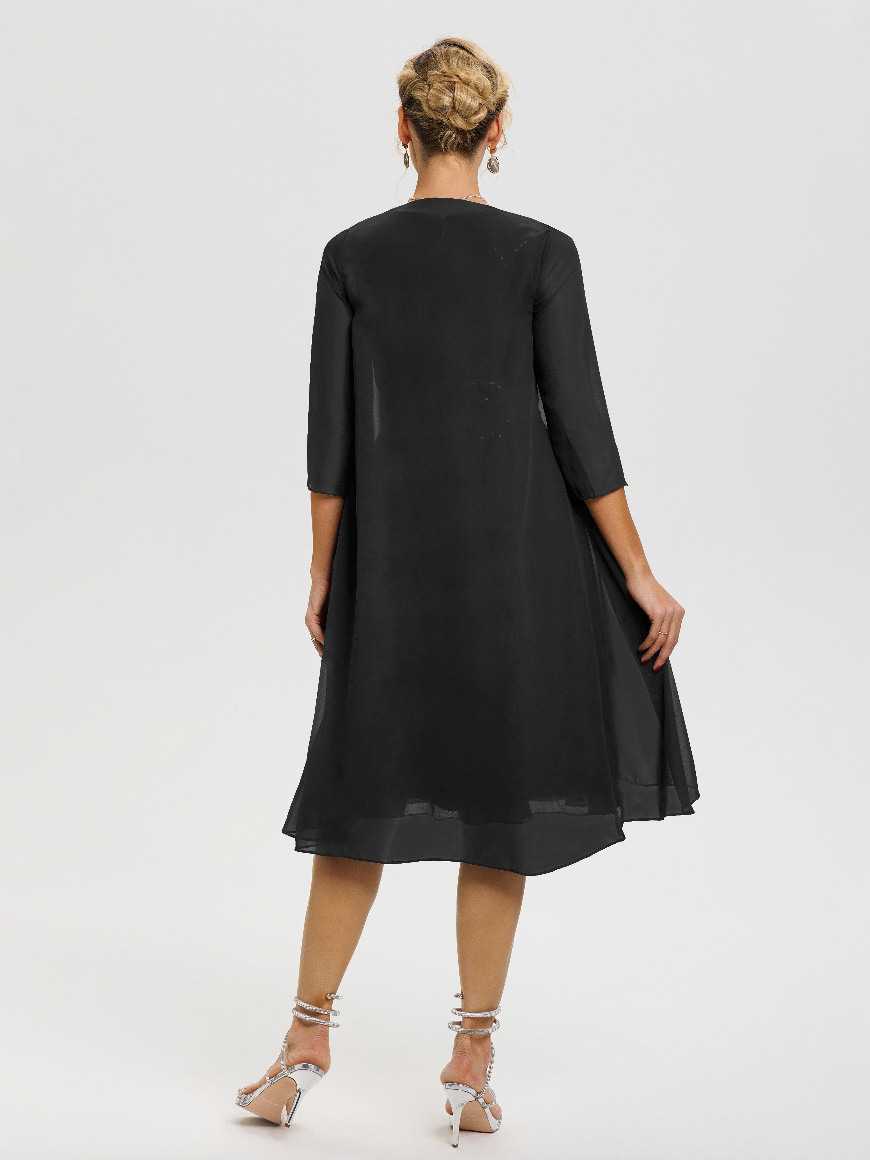 Robe Mère Mariée Noir 2 Pièces Asymétrique Col V Mousseline & Dentelle Tenue Mère De La Mariée Très Chic