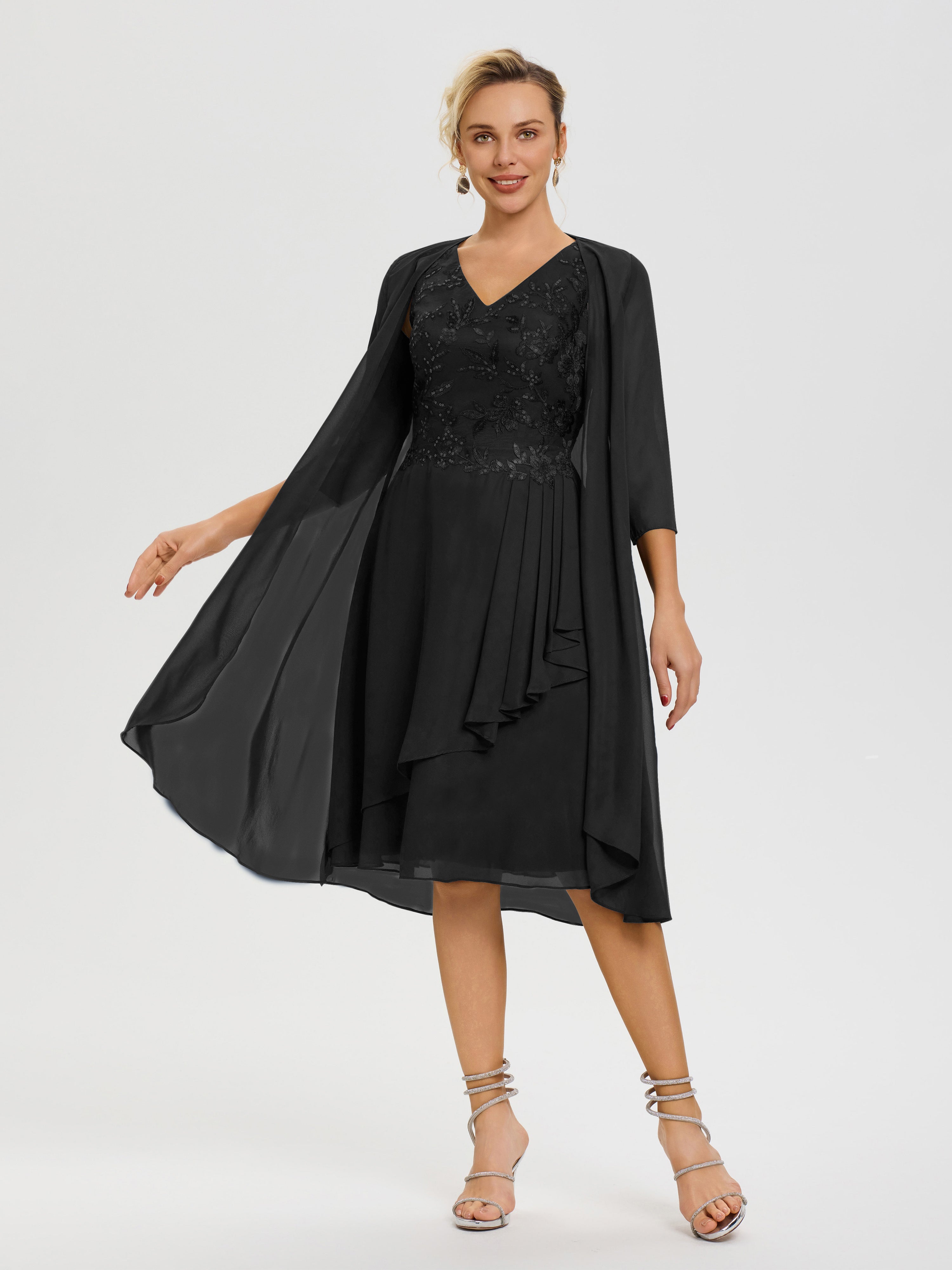 Robe Mère Mariée Noir 2 Pièces Asymétrique Col V Mousseline & Dentelle Tenue Mère De La Mariée Très Chic