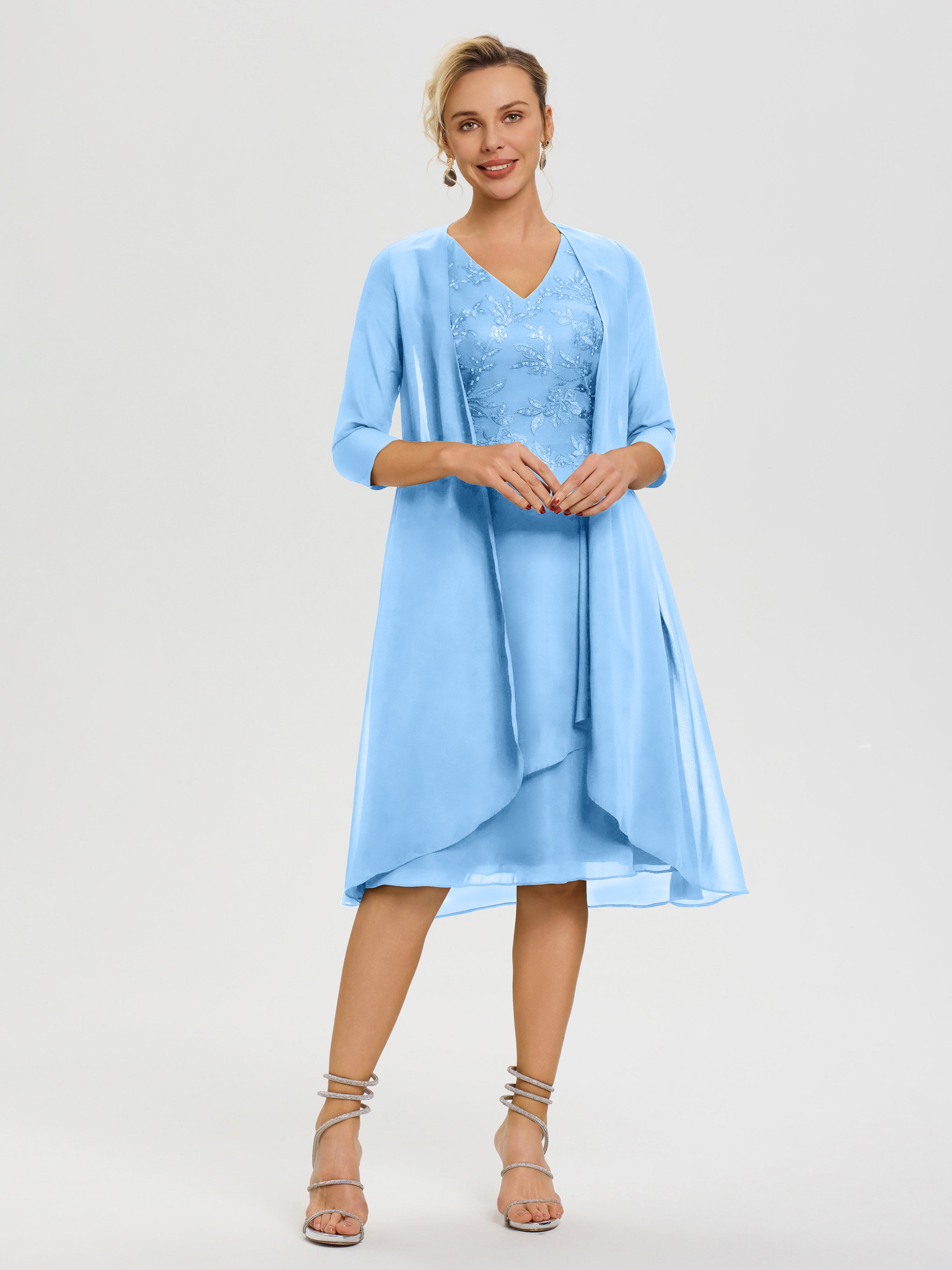 Robe Mère Mariée Bleu 2 Pièces Asymétrique Col V Mousseline & Dentelle Tenue Mère De La Mariée Très Chic