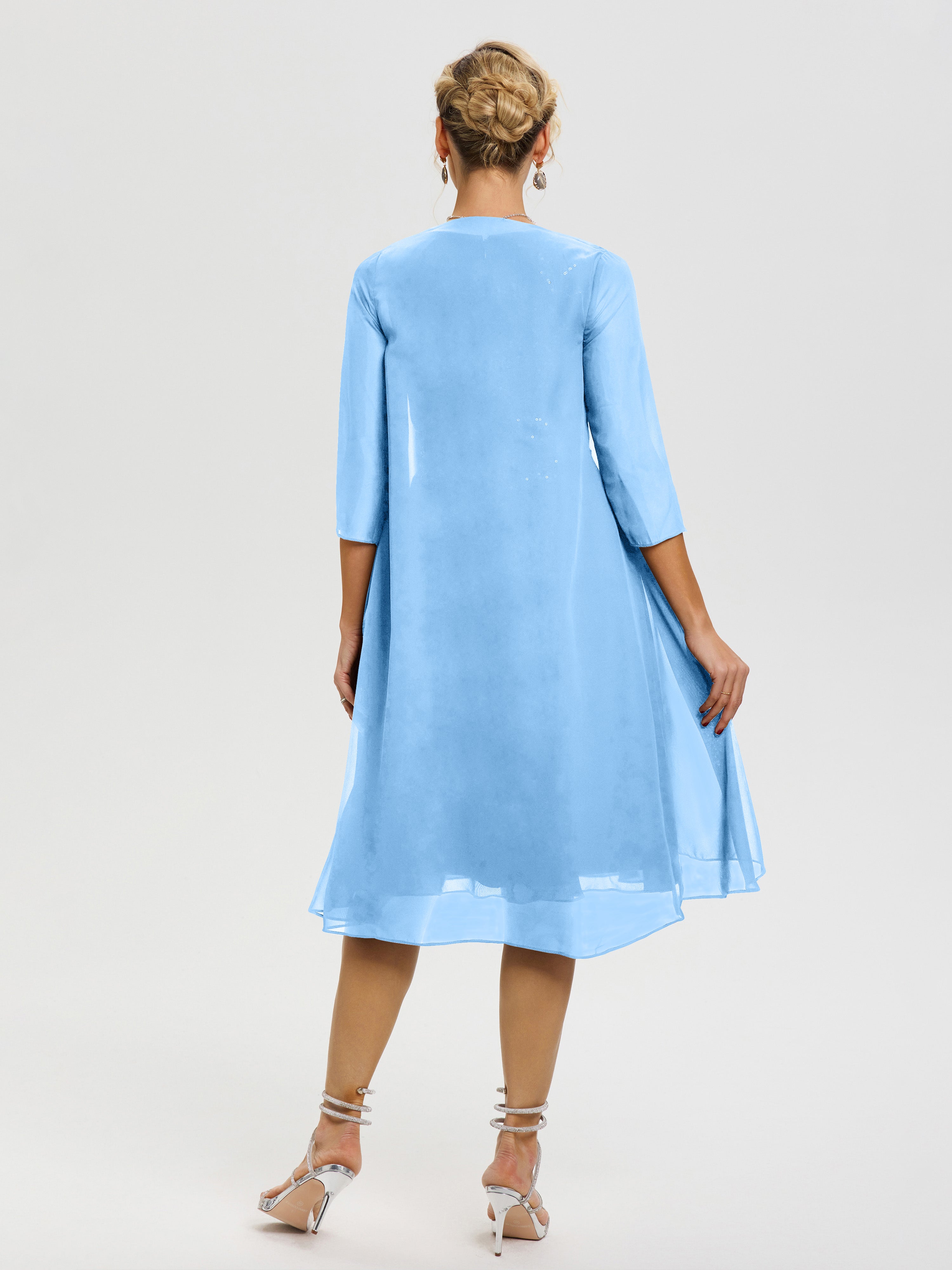 Robe Mère Mariée Bleu 2 Pièces Asymétrique Col V Mousseline & Dentelle Tenue Mère De La Mariée Très Chic