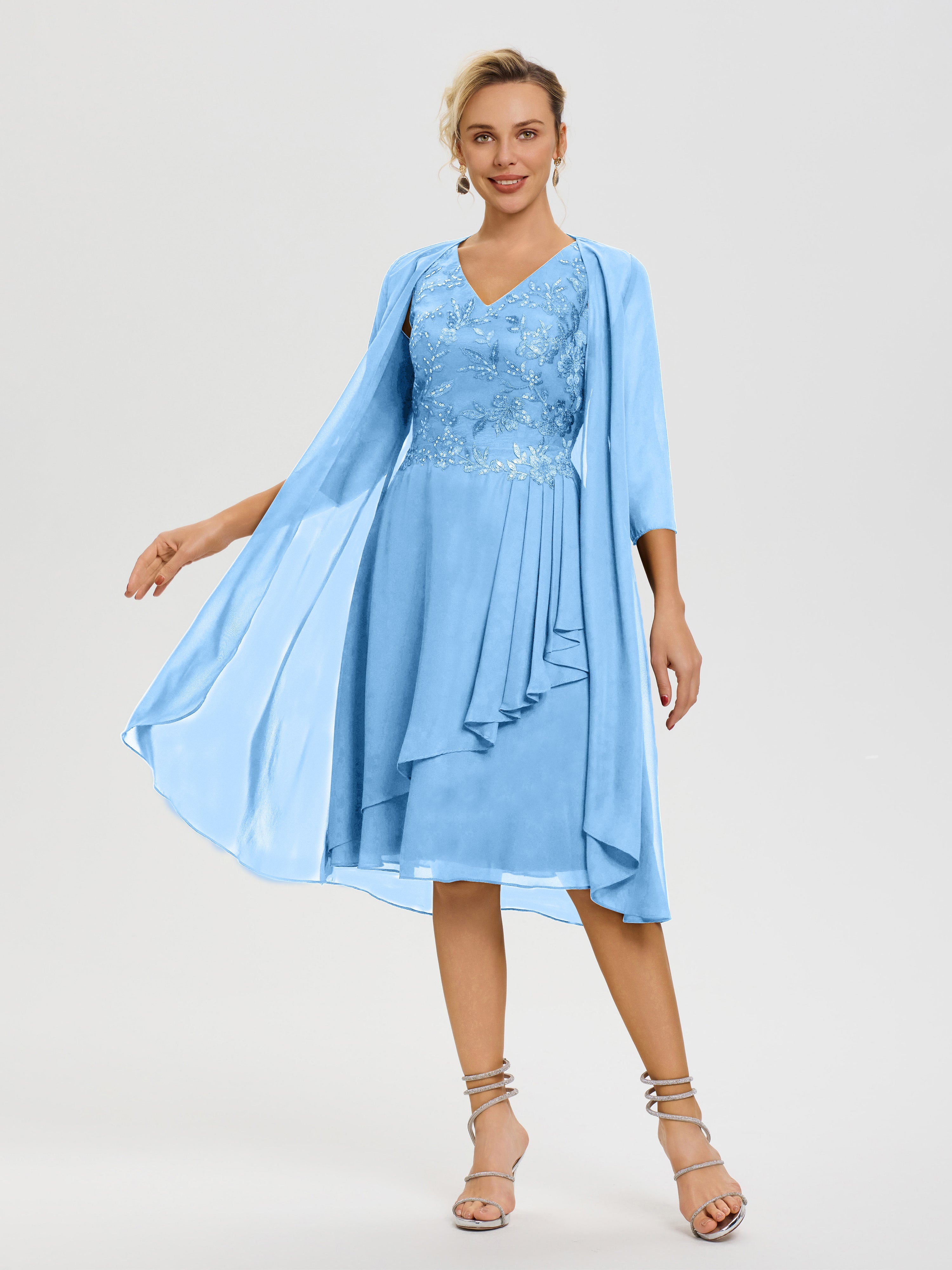 Robe Mère Mariée Bleu 2 Pièces Asymétrique Col V Mousseline & Dentelle Tenue Mère De La Mariée Très Chic