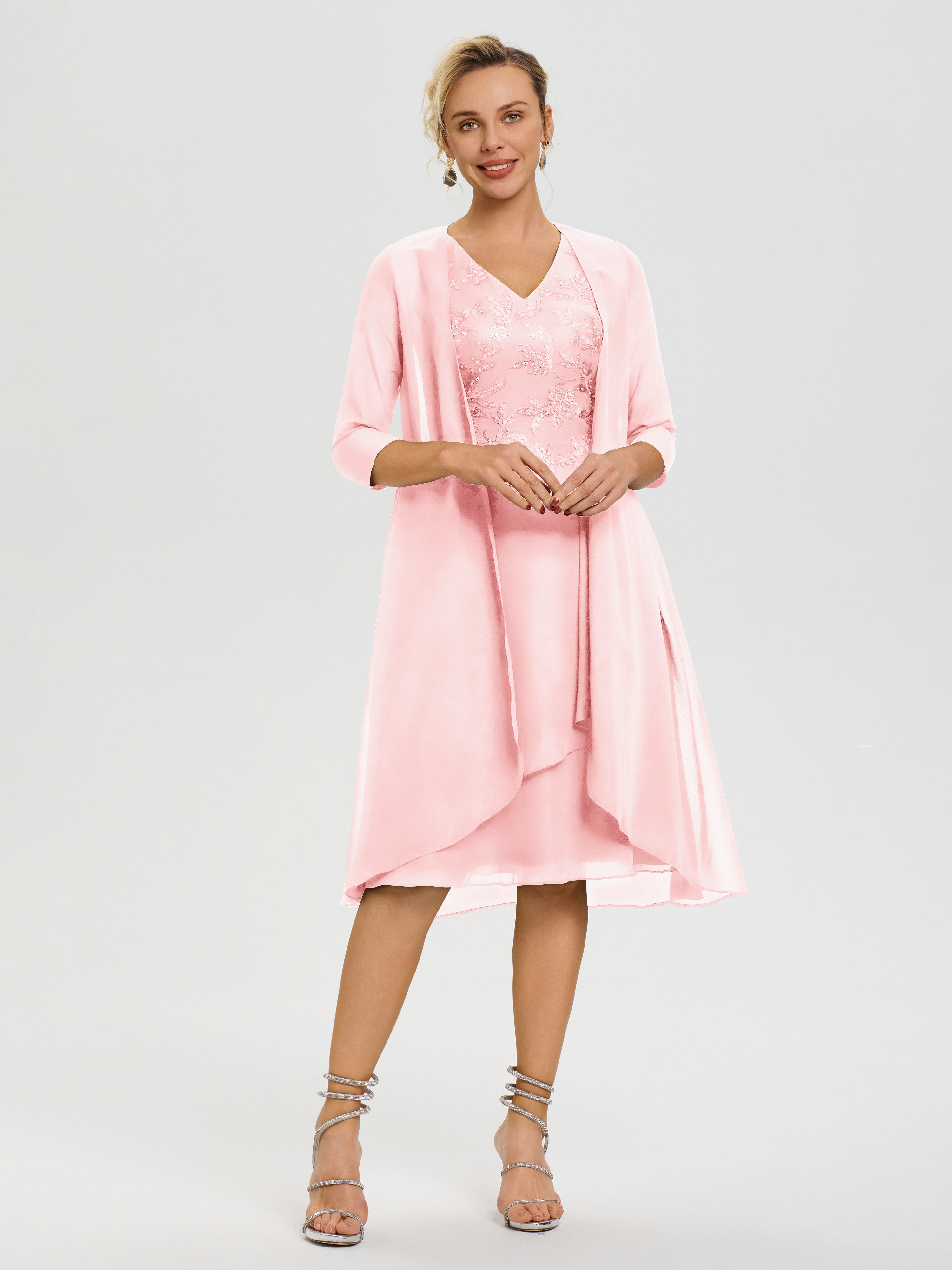 Robe Mere De La Mariee Rose 2 Pièces Asymétrique Col V Mousseline & Dentelle Tenue Mère De La Mariée Très Chic