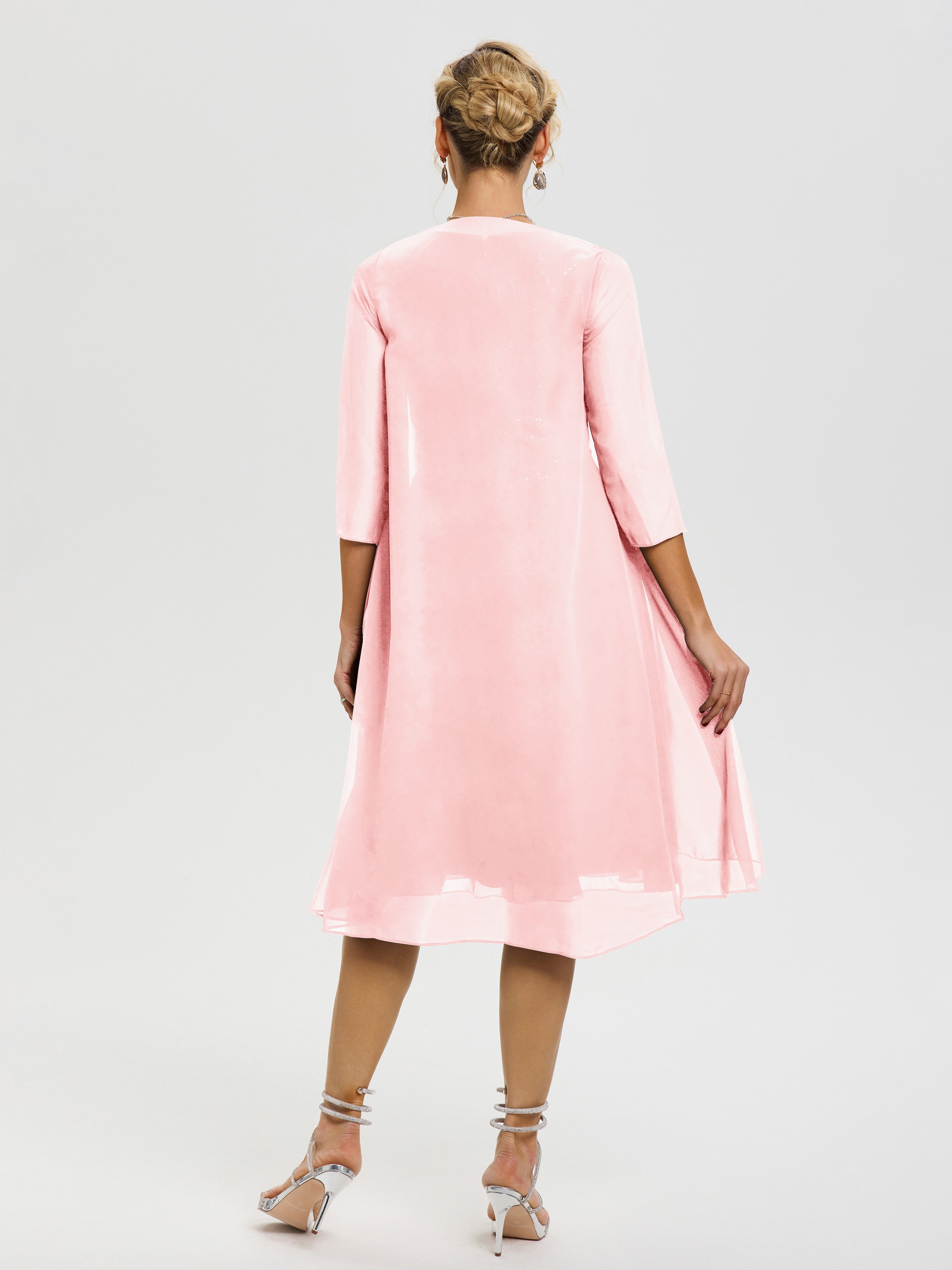Robe Mere De La Mariee Rose 2 Pièces Asymétrique Col V Mousseline & Dentelle Tenue Mère De La Mariée Très Chic