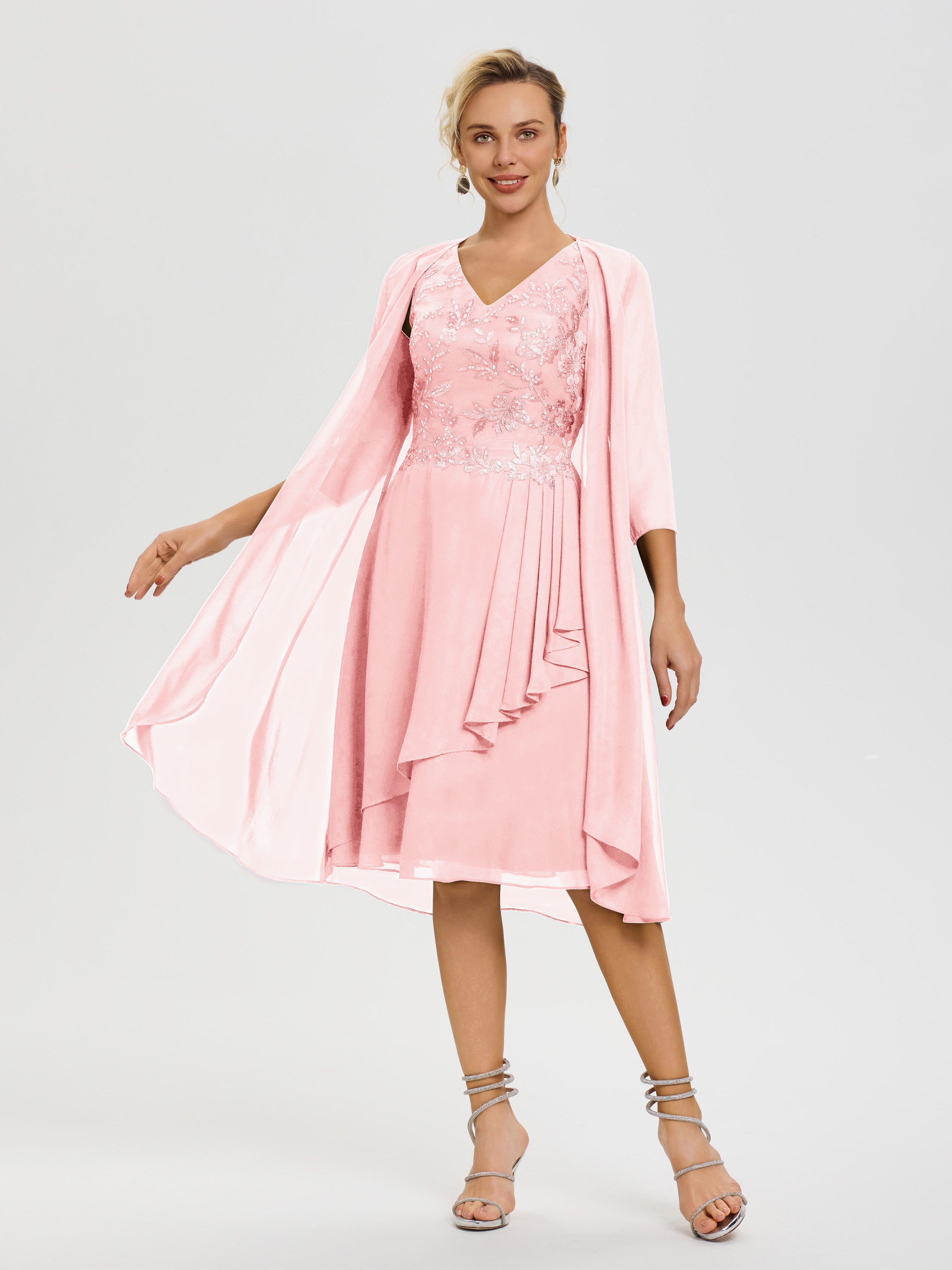 Robe Mere De La Mariee Rose 2 Pièces Asymétrique Col V Mousseline & Dentelle Tenue Mère De La Mariée Très Chic