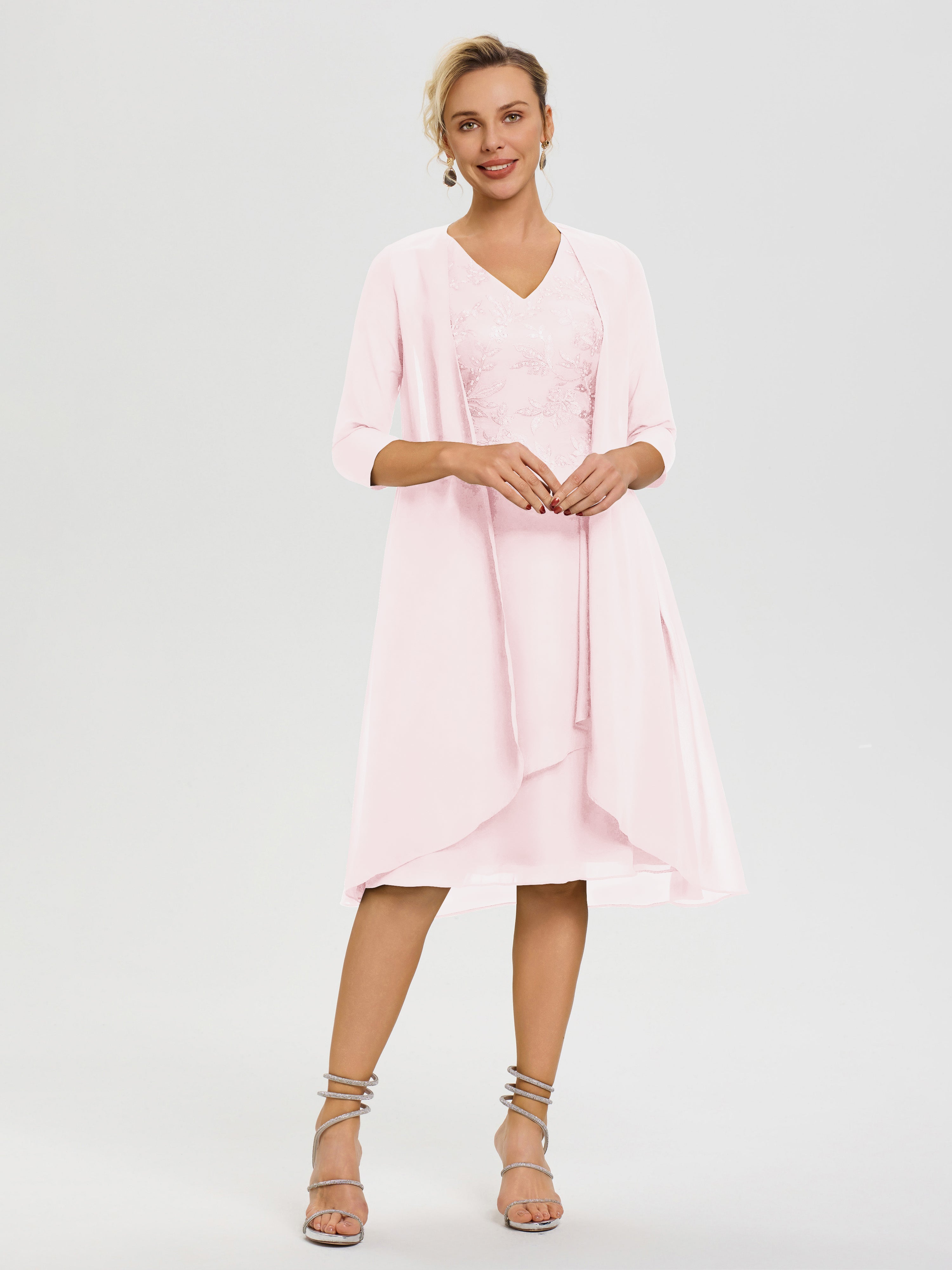 Robe Mère Marié Rose Pâle 2 Pièces Asymétrique Col V Mousseline & Dentelle Tenue Mère De La Mariée Très Chic