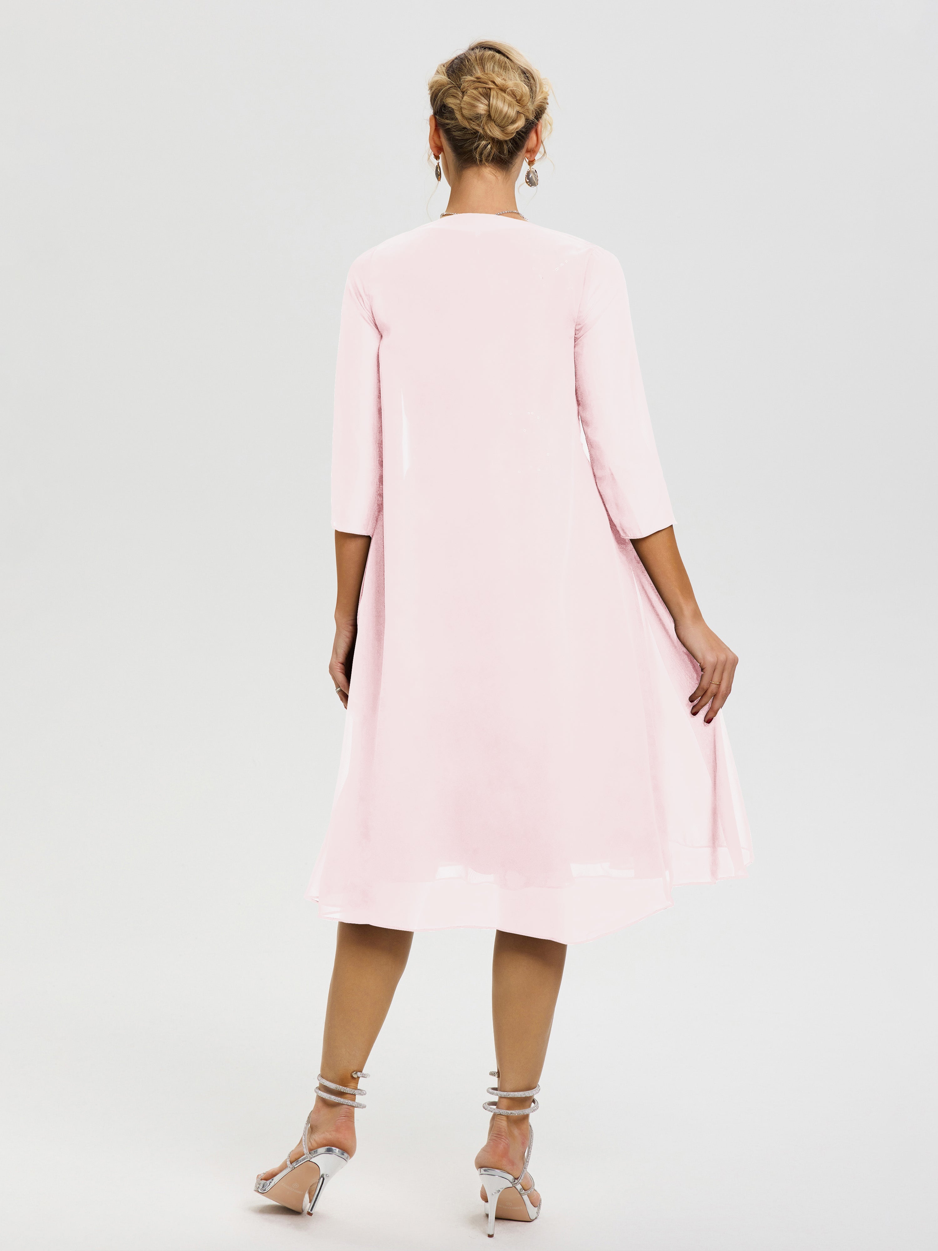 Robe Mère Marié Rose Pâle 2 Pièces Asymétrique Col V Mousseline & Dentelle Tenue Mère De La Mariée Très Chic