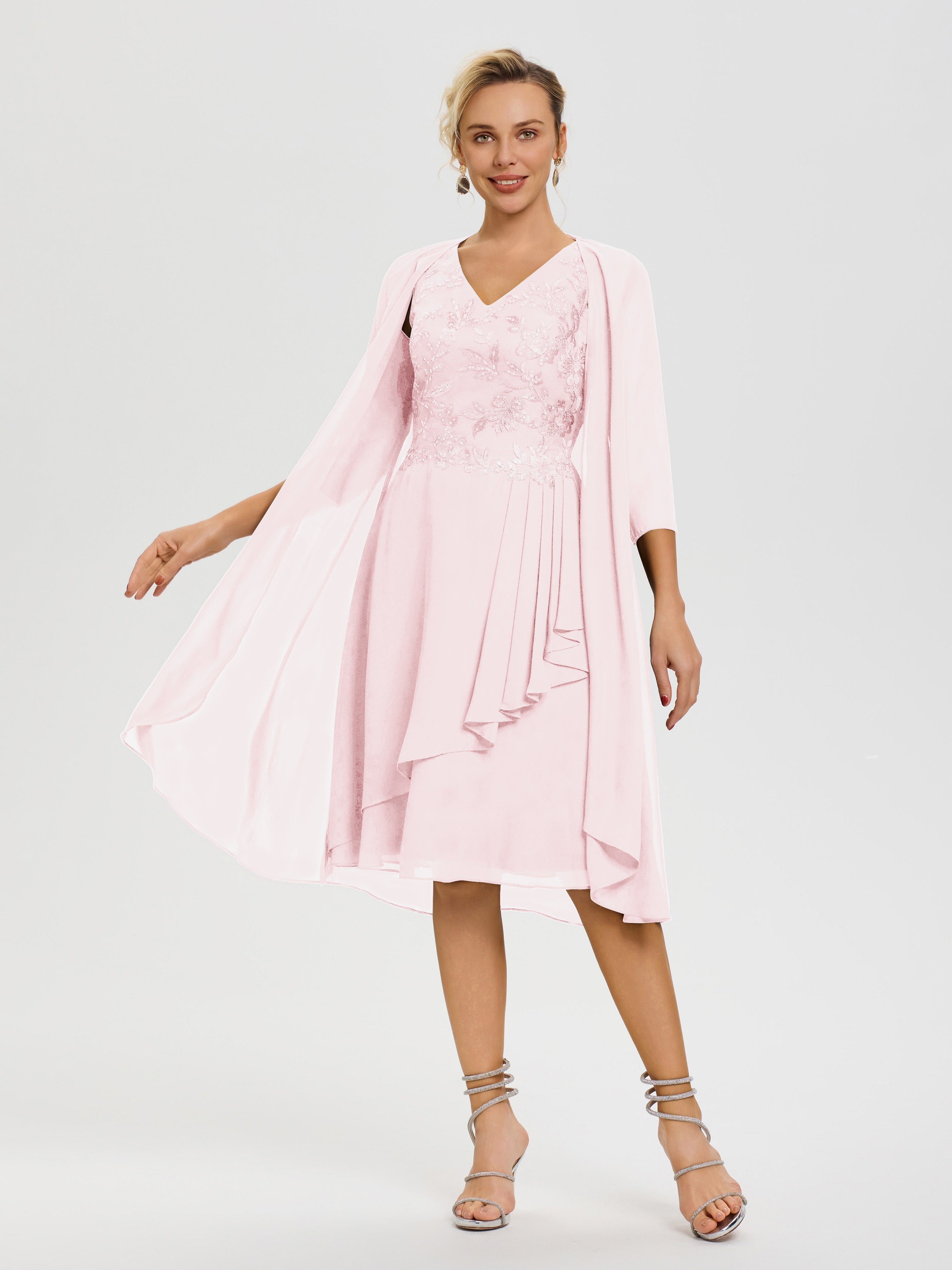 Robe Mère Marié Rose Pâle 2 Pièces Asymétrique Col V Mousseline & Dentelle Tenue Mère De La Mariée Très Chic