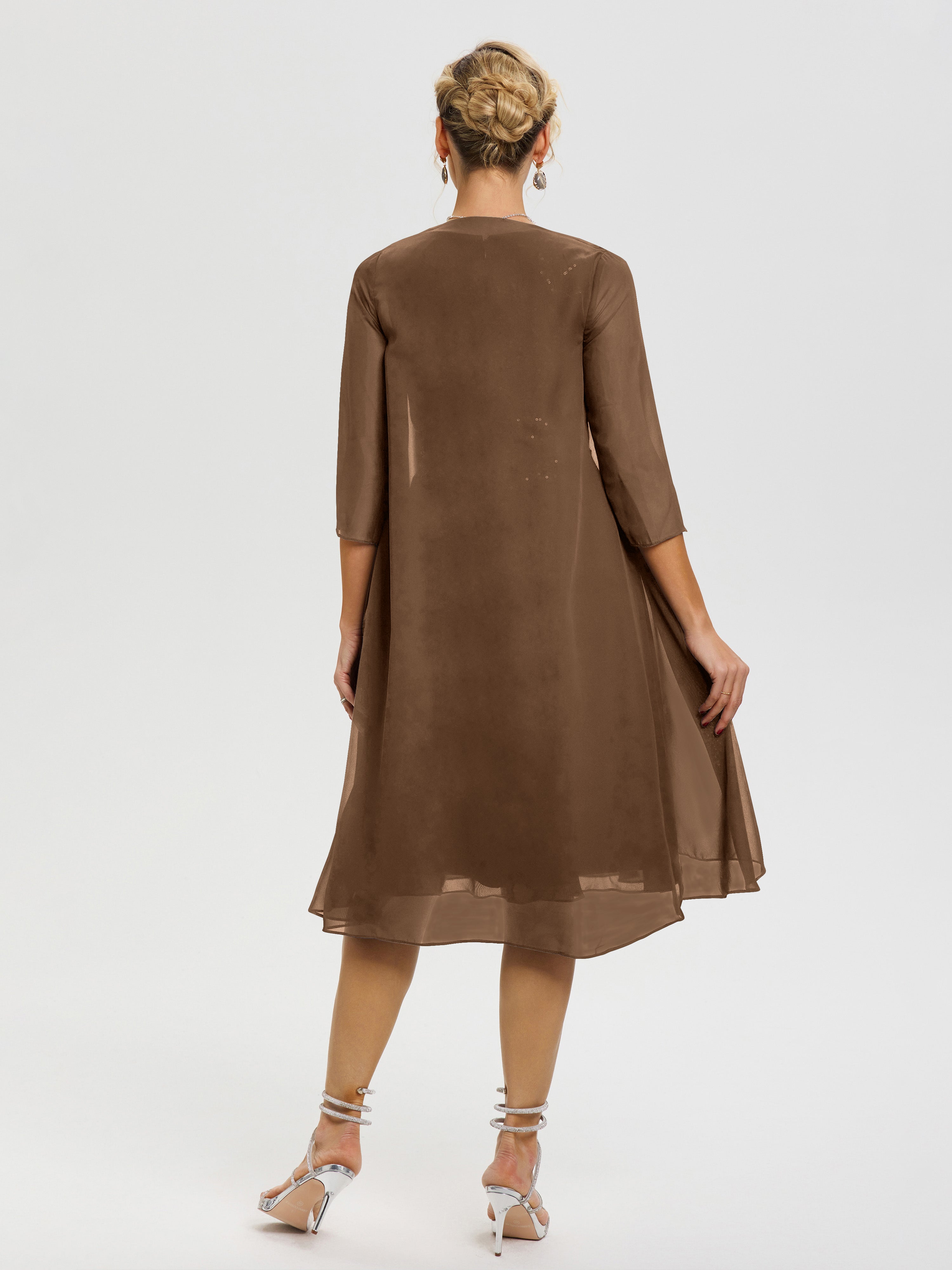 Robe Mère Mariée Brun 2 Pièces Asymétrique Col V Mousseline & Dentelle Tenue Mère De La Mariée Très Chic