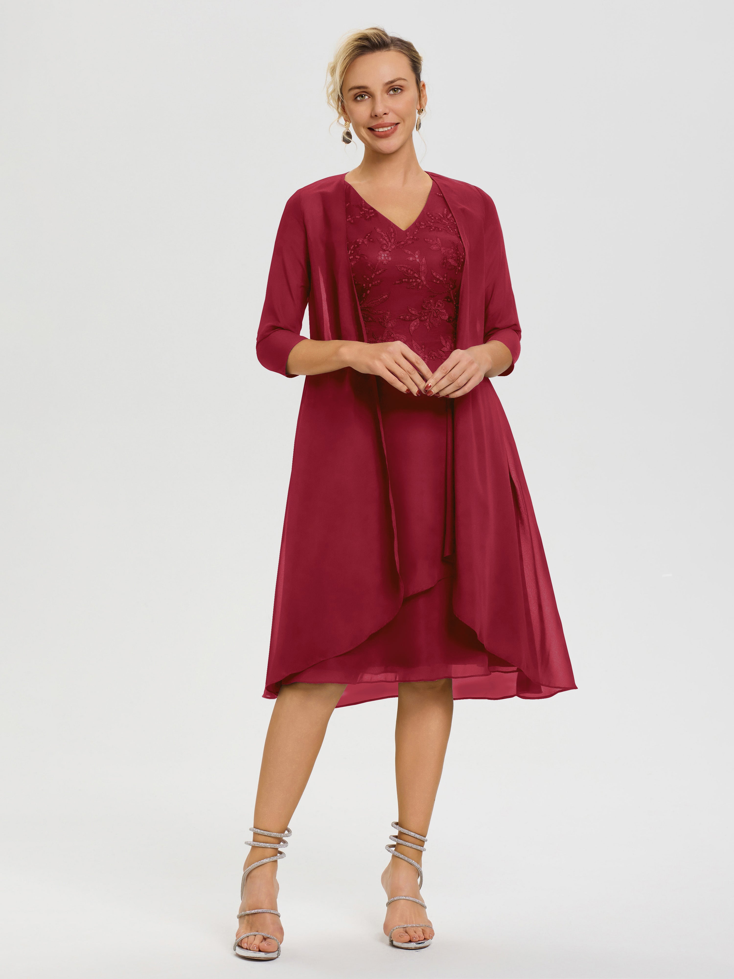 Robe Mère De La Mariée Bordeaux 2 Pièces Asymétrique Col V Mousseline & Dentelle Tenue Mère De La Mariée Très Chic