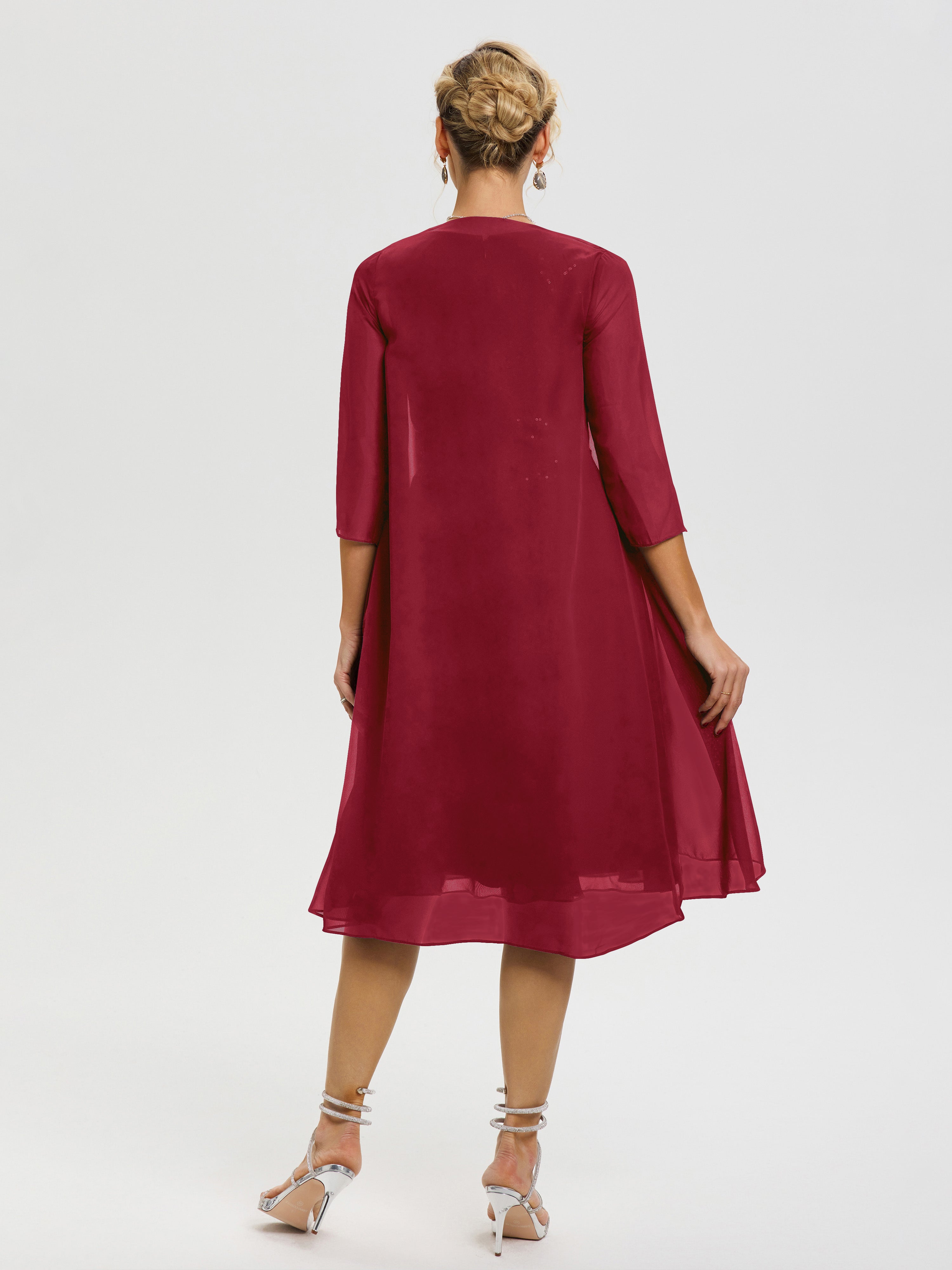 Robe Mère De La Mariée Bordeaux 2 Pièces Asymétrique Col V Mousseline & Dentelle Tenue Mère De La Mariée Très Chic