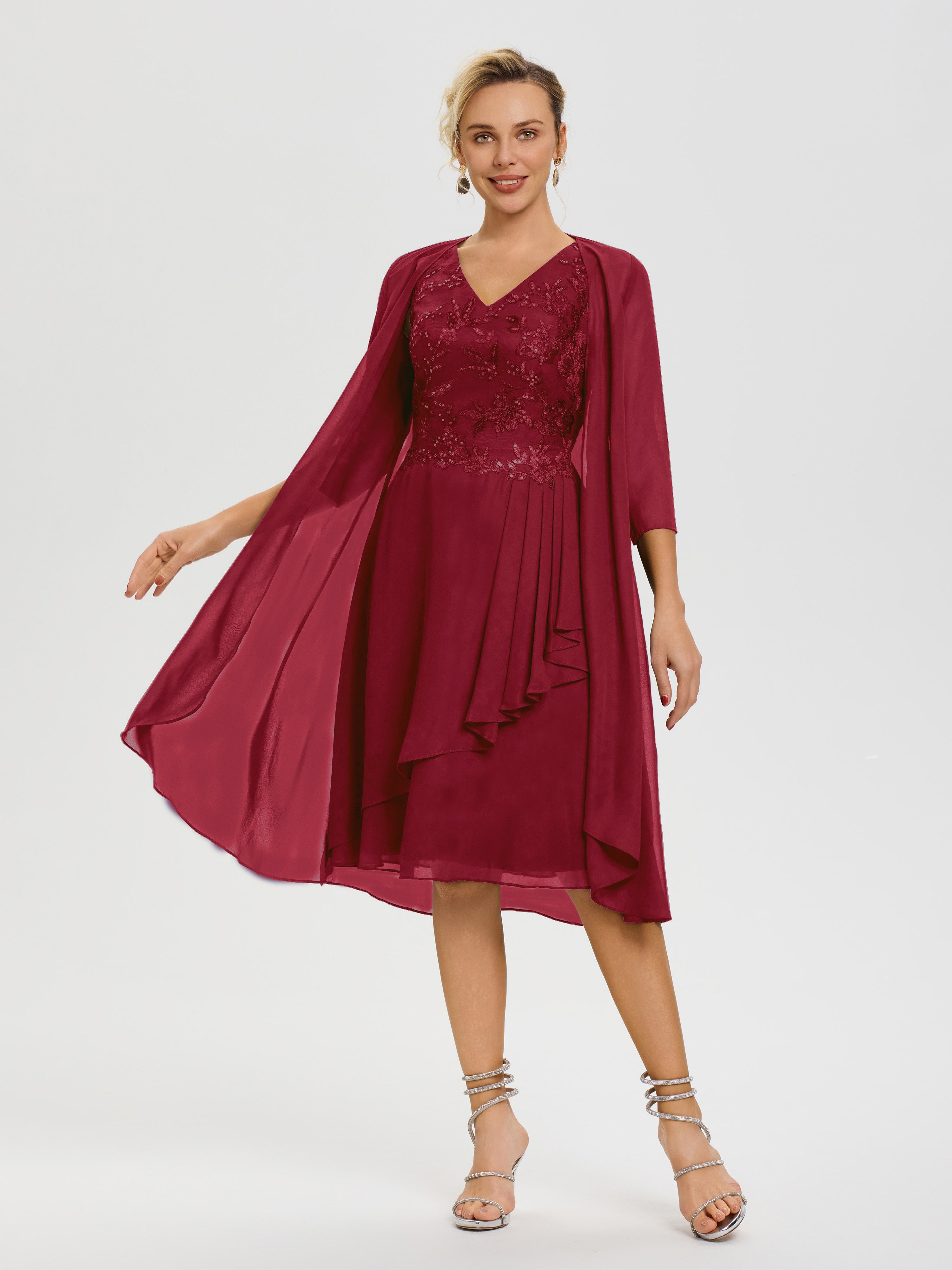 Robe Mère De La Mariée Bordeaux 2 Pièces Asymétrique Col V Mousseline & Dentelle Tenue Mère De La Mariée Très Chic