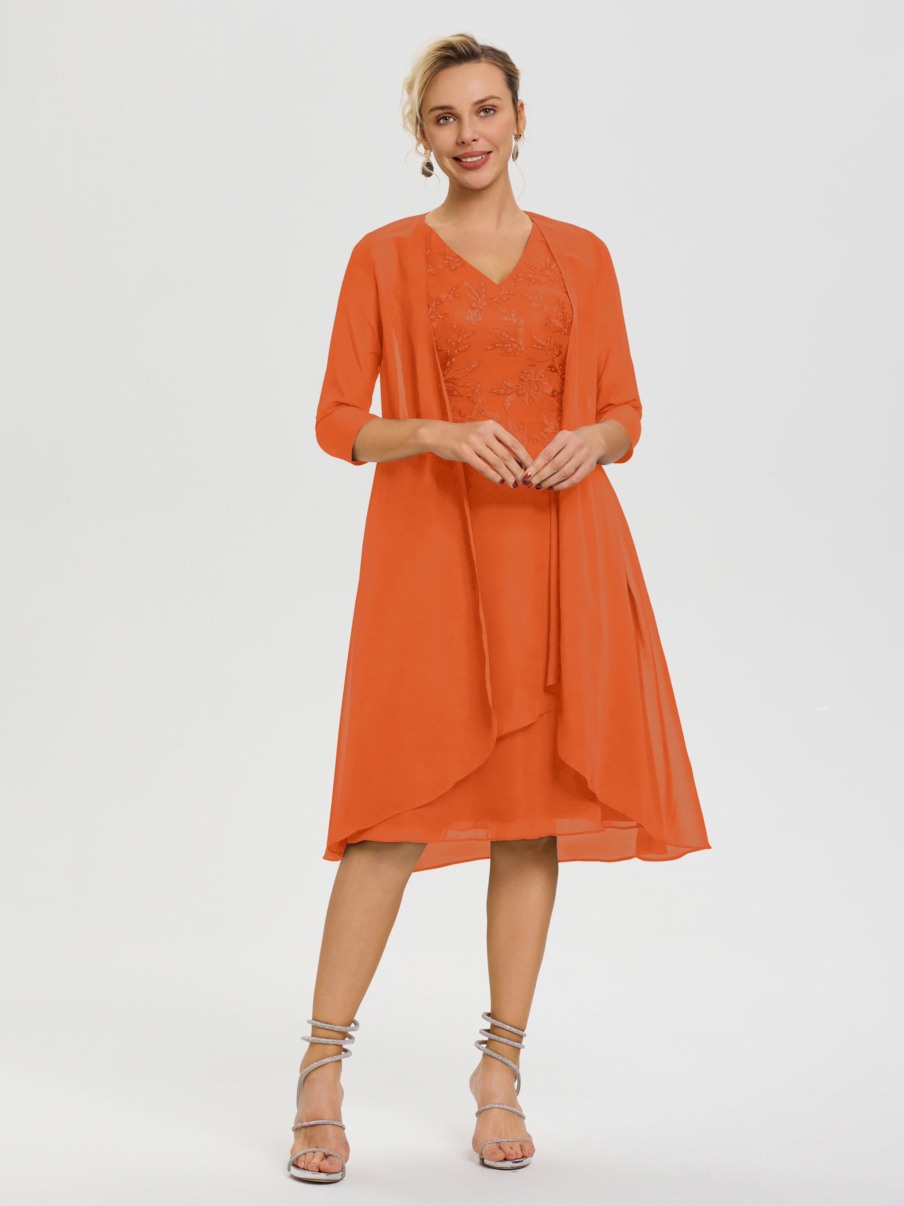 Robe Mère Mariée Orange Brûlé 2 Pièces Asymétrique Col V Mousseline & Dentelle Tenue Mère De La Mariée Très Chic