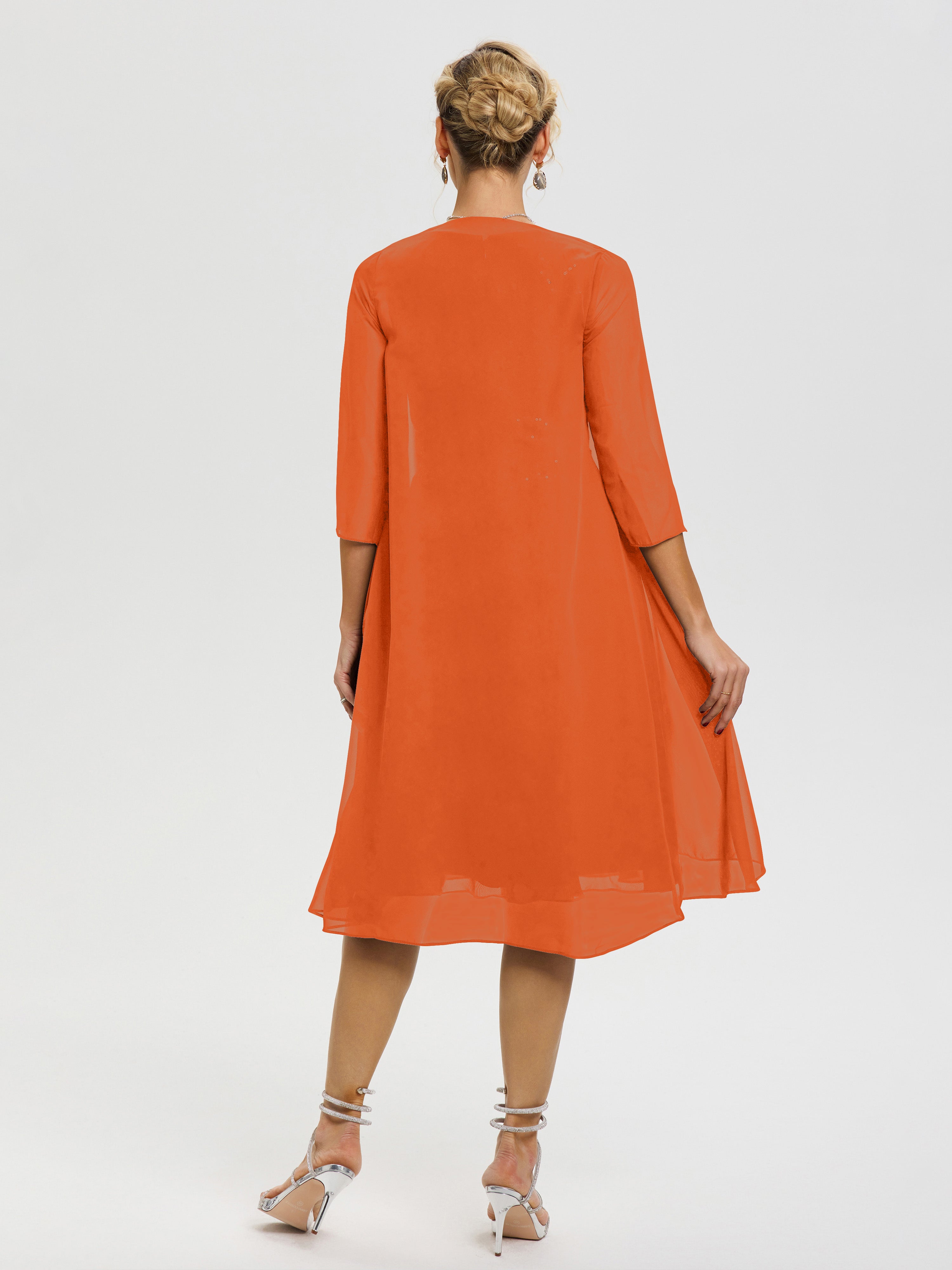 Robe Mère Mariée Orange Brûlé 2 Pièces Asymétrique Col V Mousseline & Dentelle Tenue Mère De La Mariée Très Chic