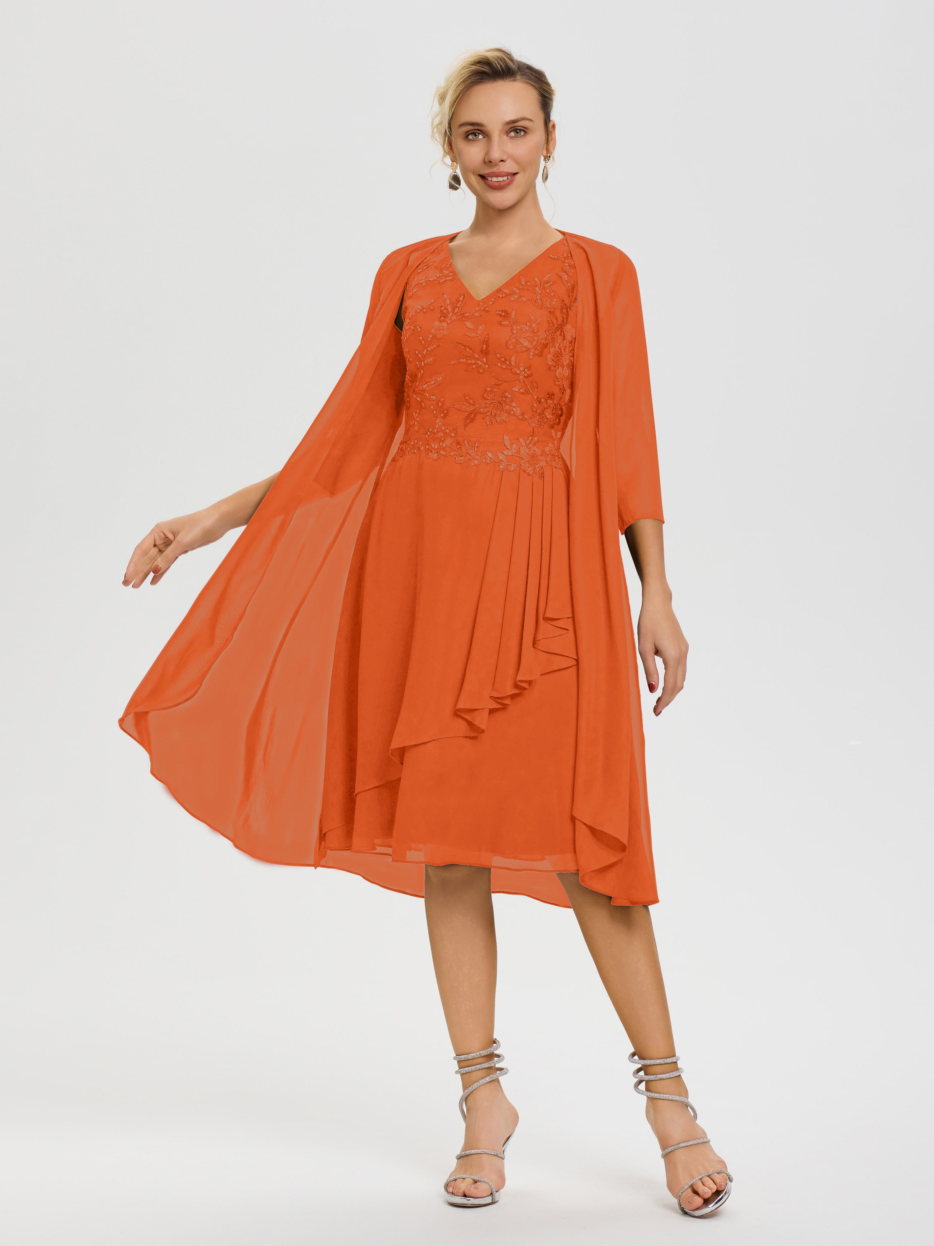 Robe Mère Mariée Orange Brûlé 2 Pièces Asymétrique Col V Mousseline & Dentelle Tenue Mère De La Mariée Très Chic