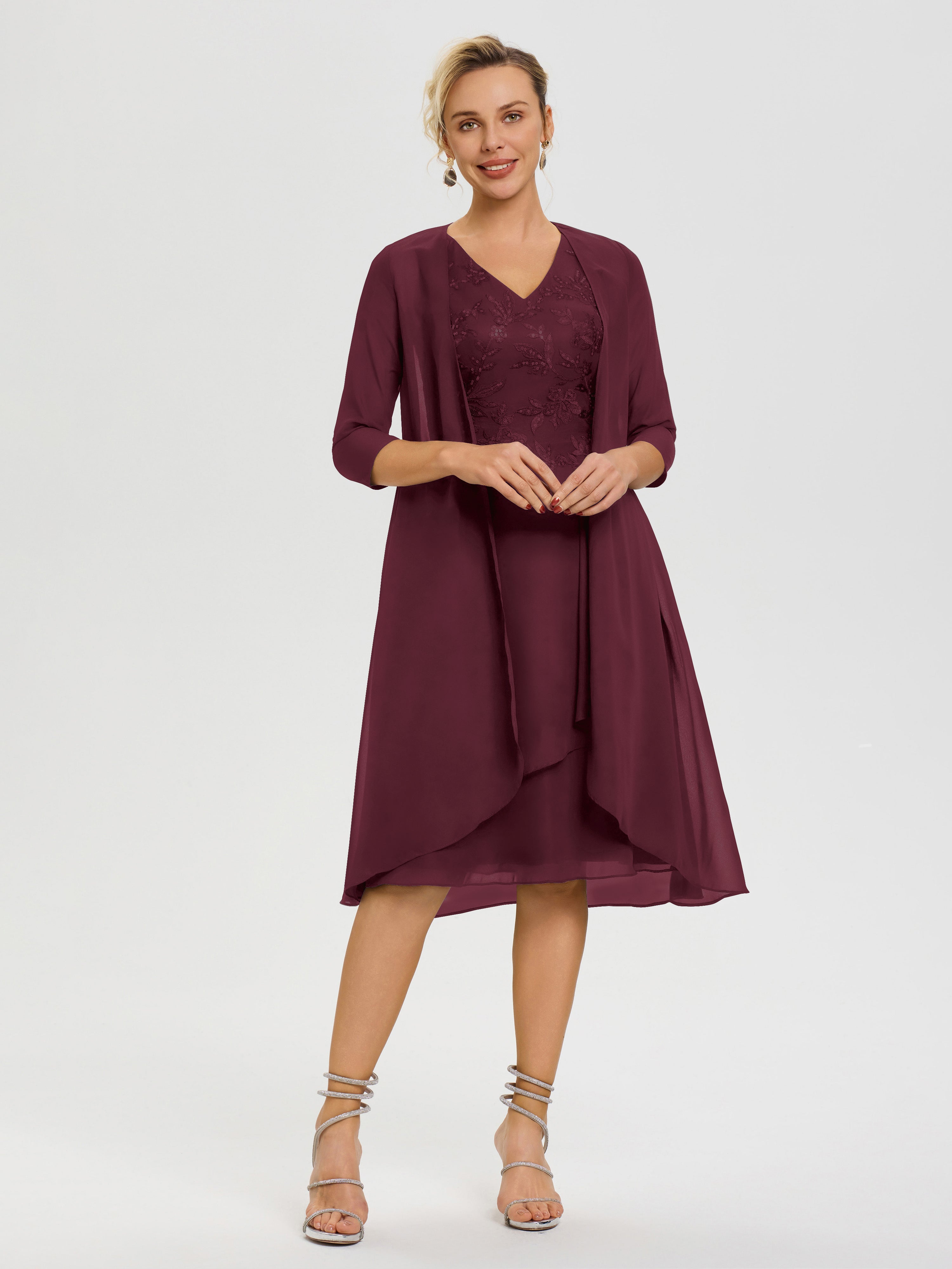 Robe Mère Mariée Cabernet 2 Pièces Asymétrique Col V Mousseline & Dentelle Tenue Mère De La Mariée Très Chic