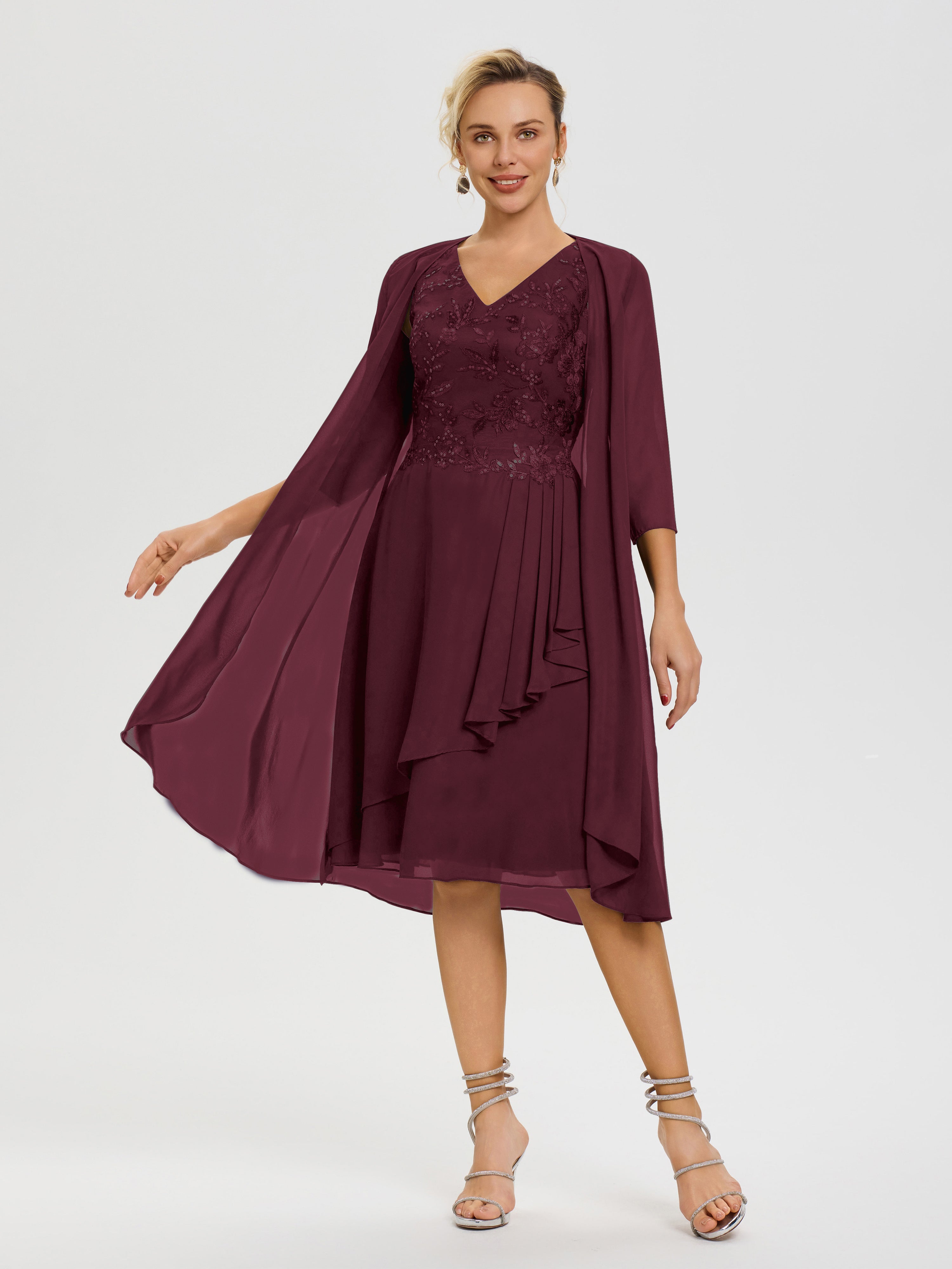 Robe Mère Mariée Cabernet 2 Pièces Asymétrique Col V Mousseline & Dentelle Tenue Mère De La Mariée Très Chic