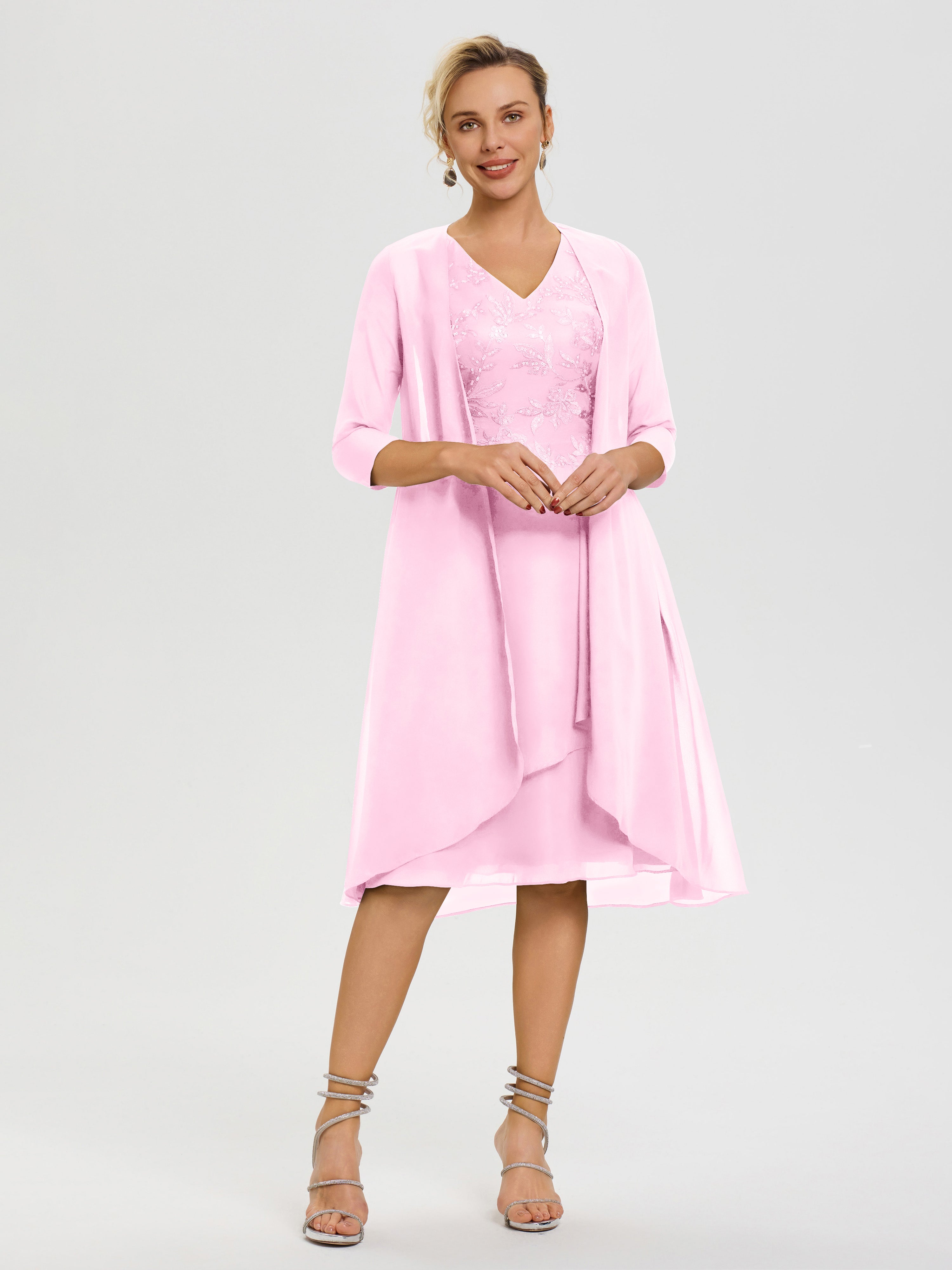 Robe Mère Marié Rose Bonbon 2 Pièces Asymétrique Col V Mousseline & Dentelle Tenue Mère De La Mariée Très Chic
