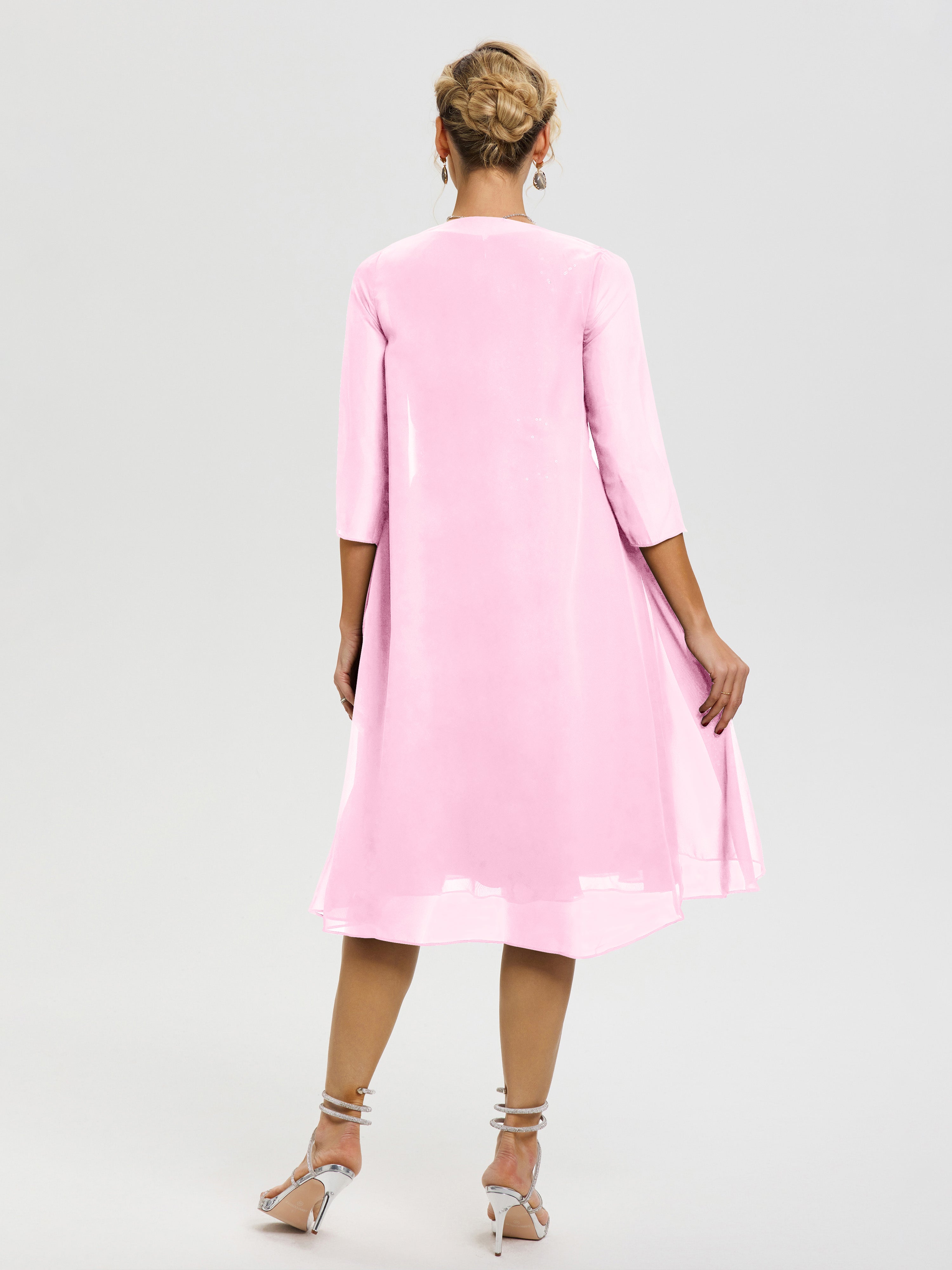 Robe Mère Marié Rose Bonbon 2 Pièces Asymétrique Col V Mousseline & Dentelle Tenue Mère De La Mariée Très Chic