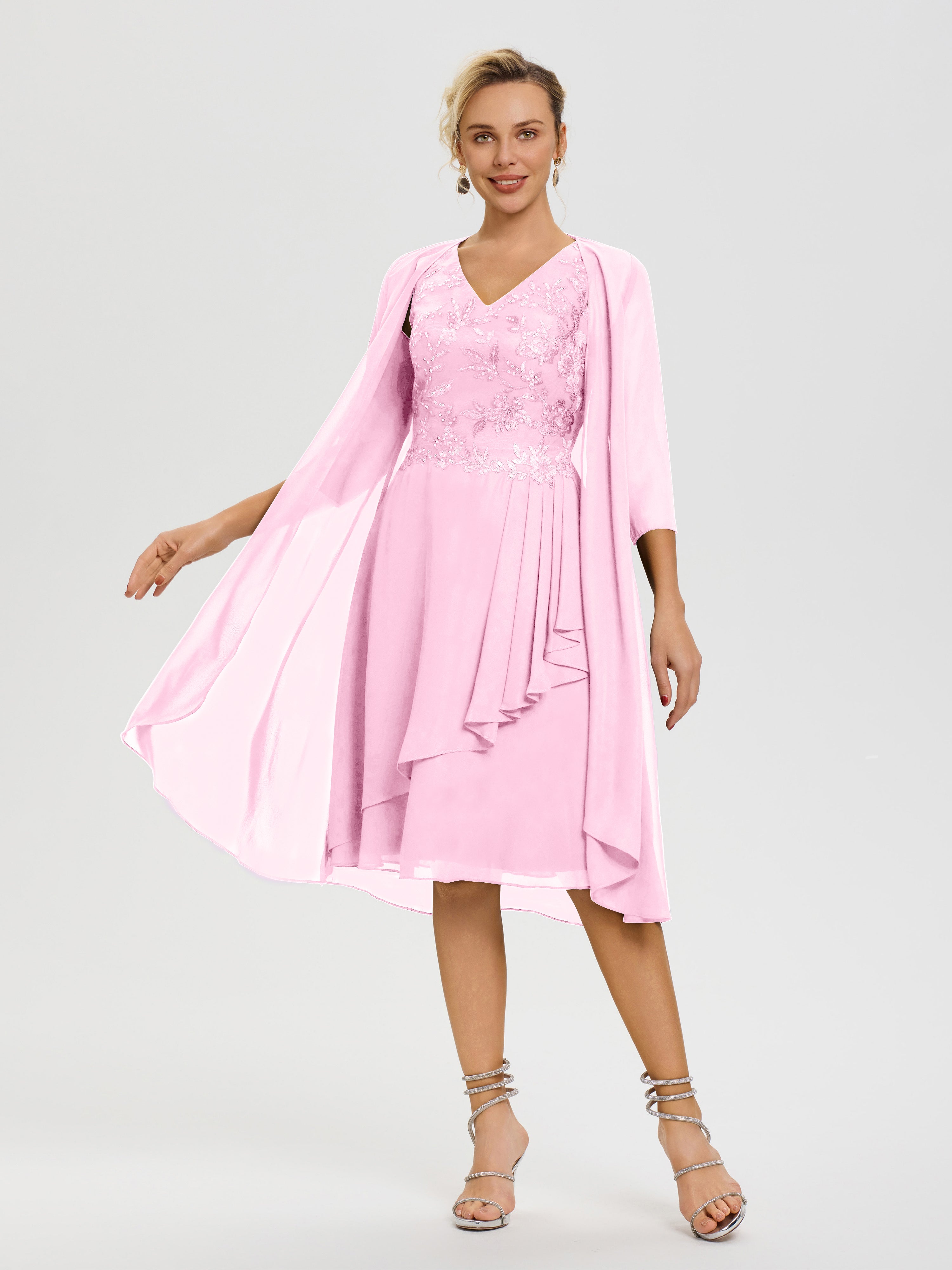 Robe Mère Marié Rose Bonbon 2 Pièces Asymétrique Col V Mousseline & Dentelle Tenue Mère De La Mariée Très Chic