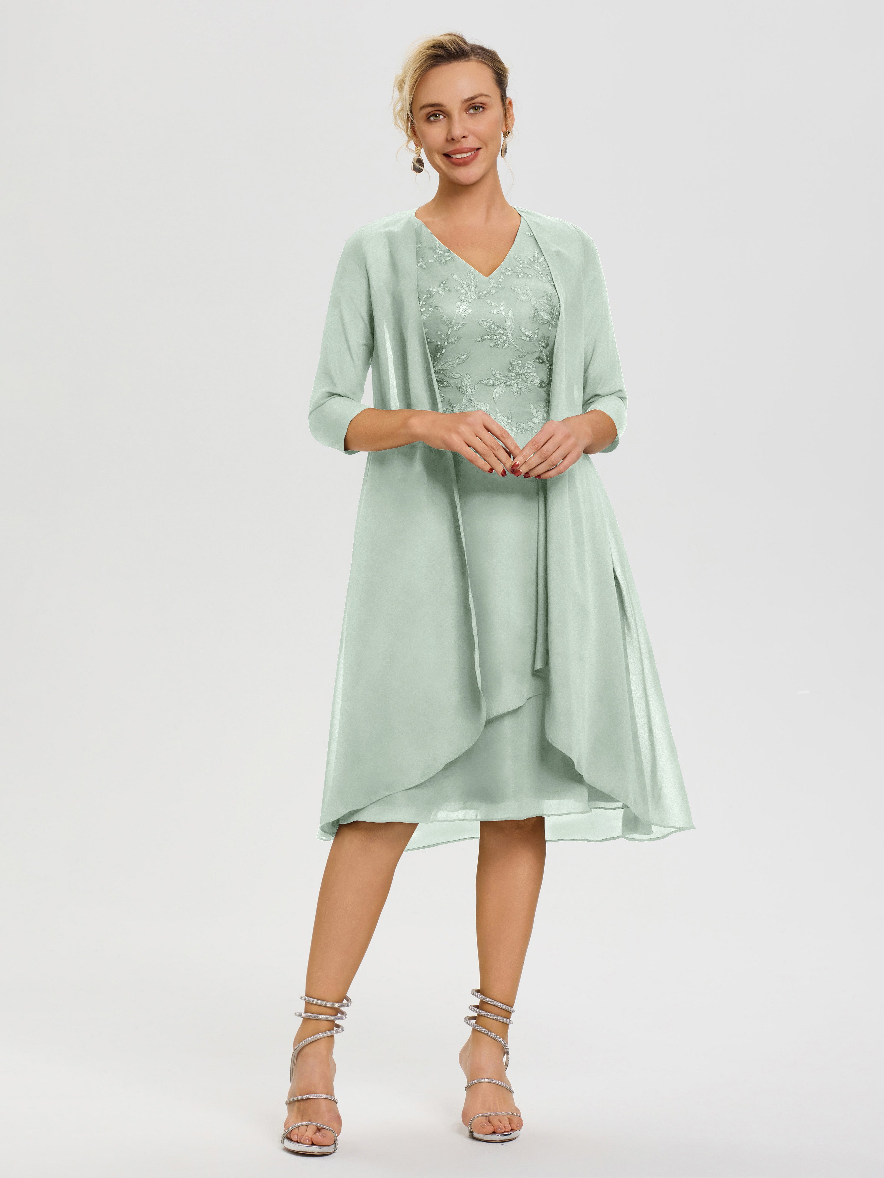 Robe Mère Mariée Celadon 2 Pièces Asymétrique Col V Mousseline & Dentelle Tenue Mère De La Mariée Très Chic