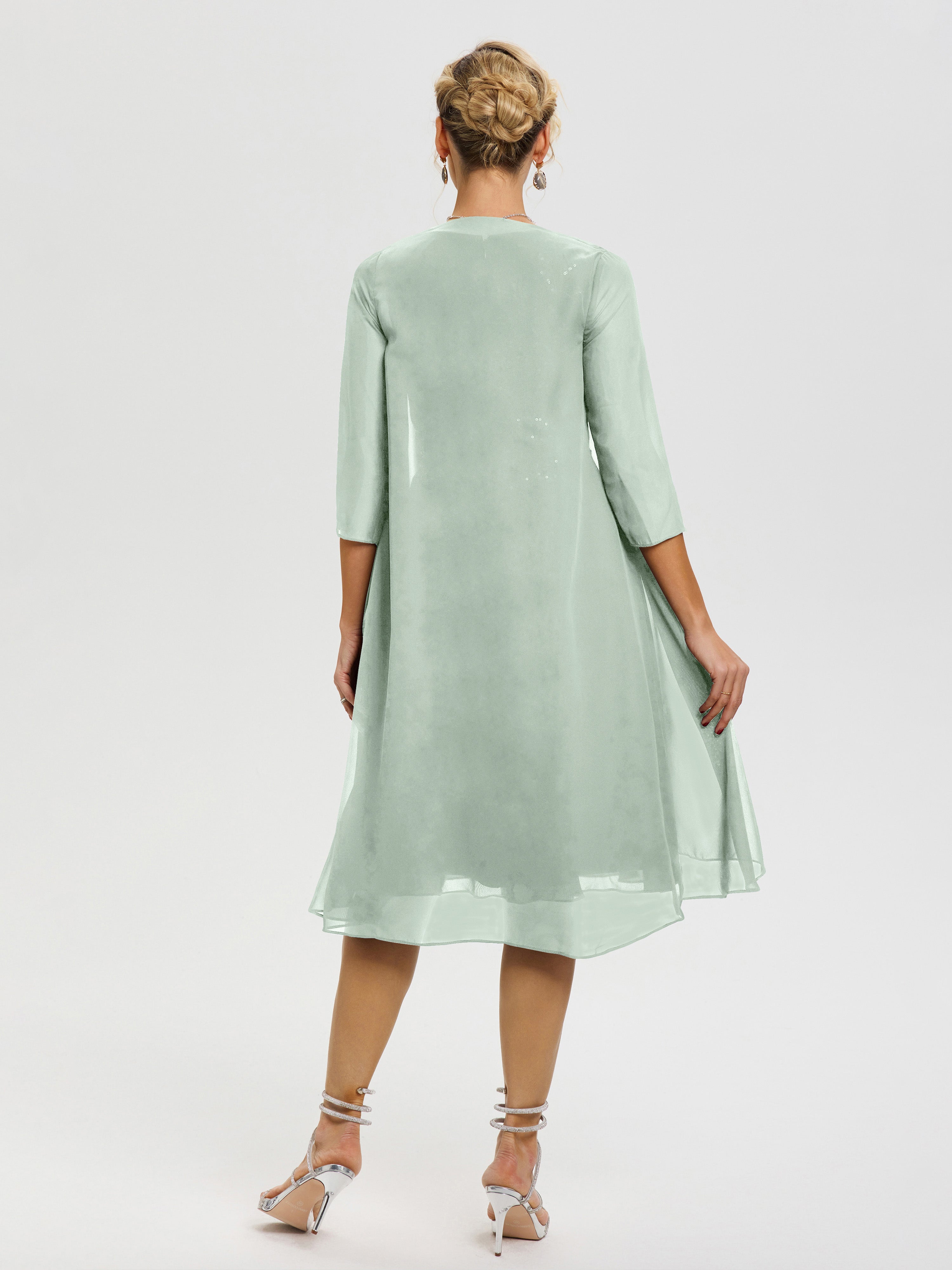 Robe Mère Mariée Celadon 2 Pièces Asymétrique Col V Mousseline & Dentelle Tenue Mère De La Mariée Très Chic