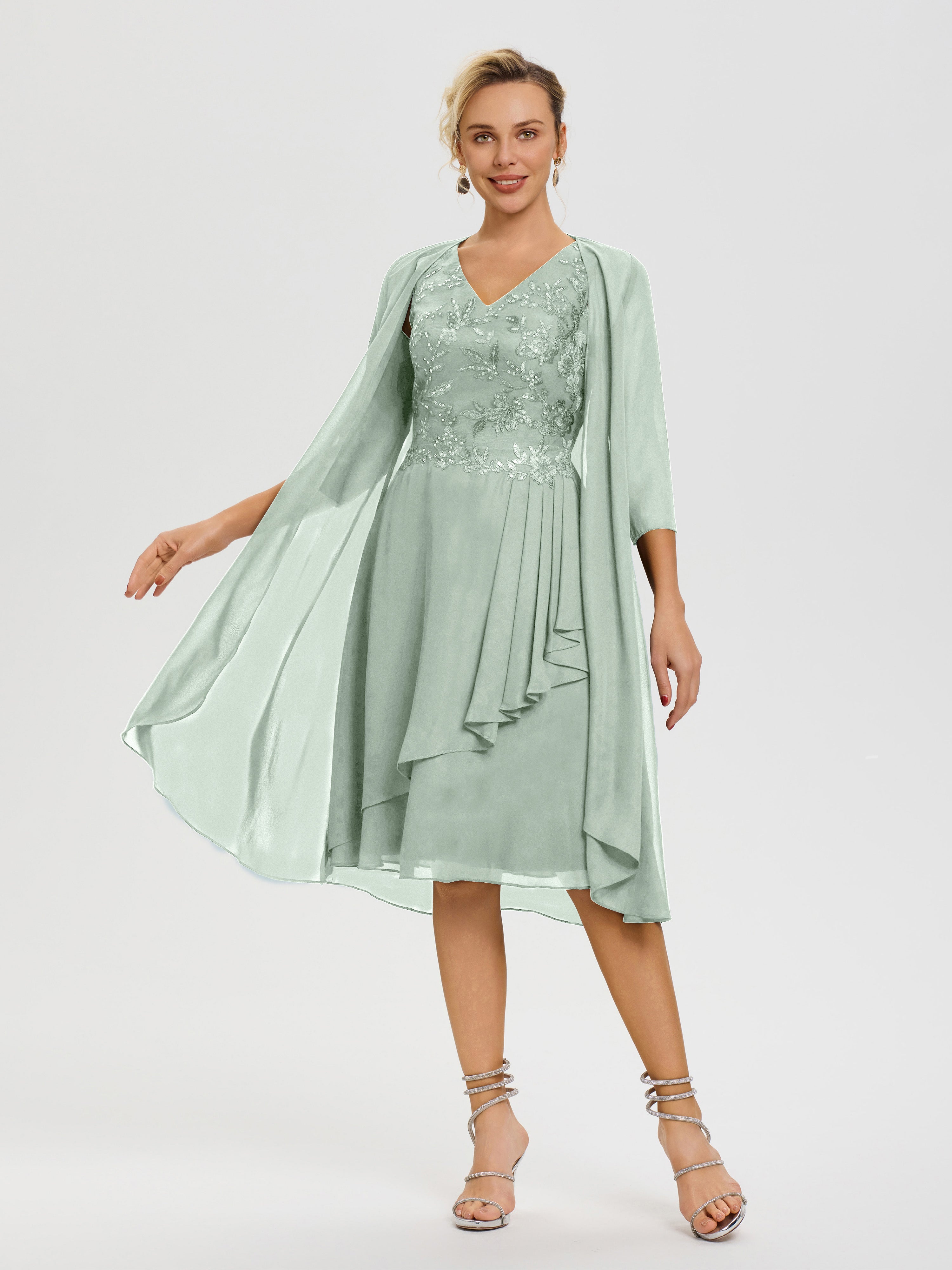 Robe Mère Mariée Celadon 2 Pièces Asymétrique Col V Mousseline & Dentelle Tenue Mère De La Mariée Très Chic