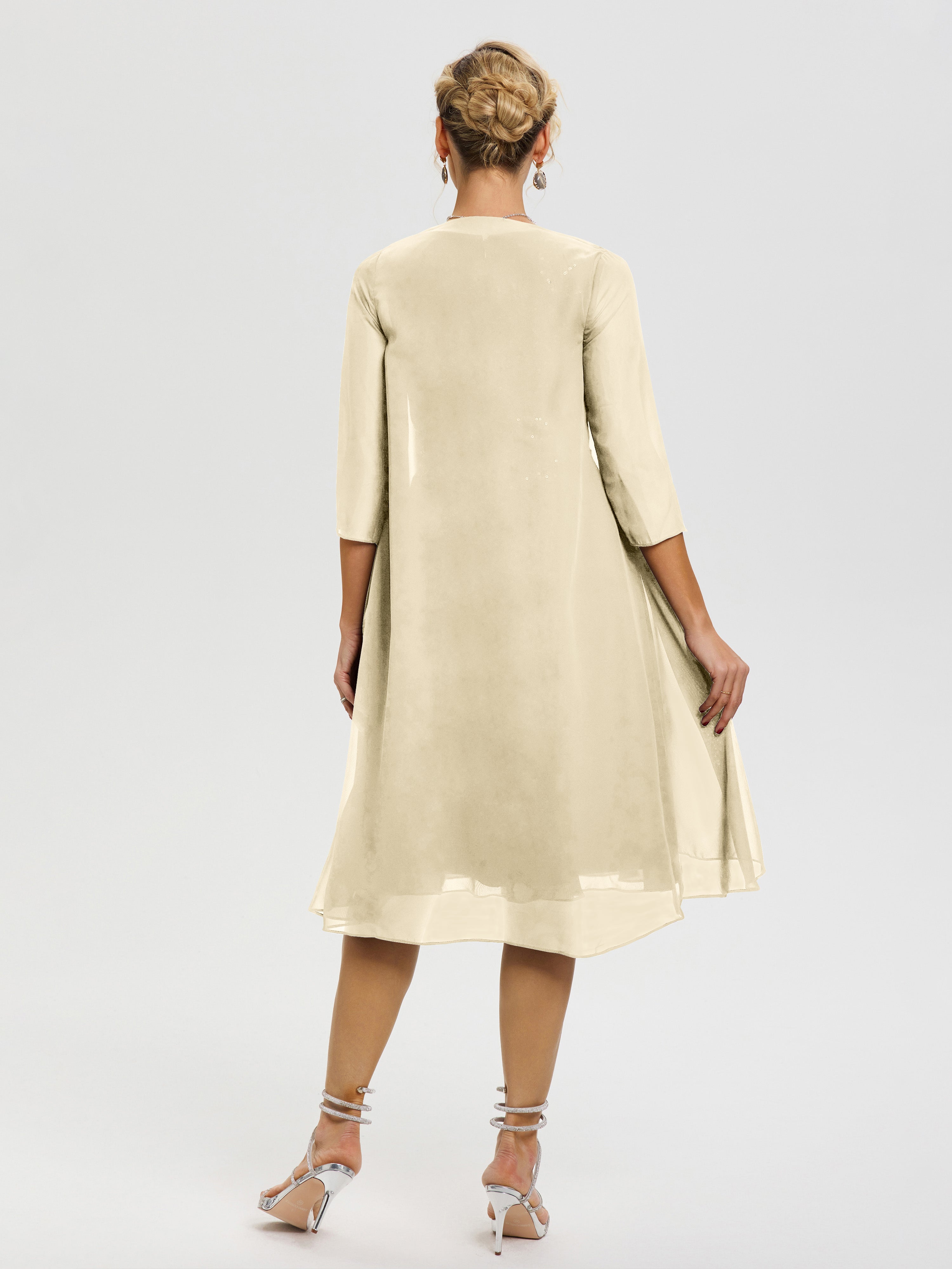 Robe Mere De La Mariee Champagne 2 Pièces Asymétrique Col V Mousseline & Dentelle Tenue Mère De La Mariée Très Chic