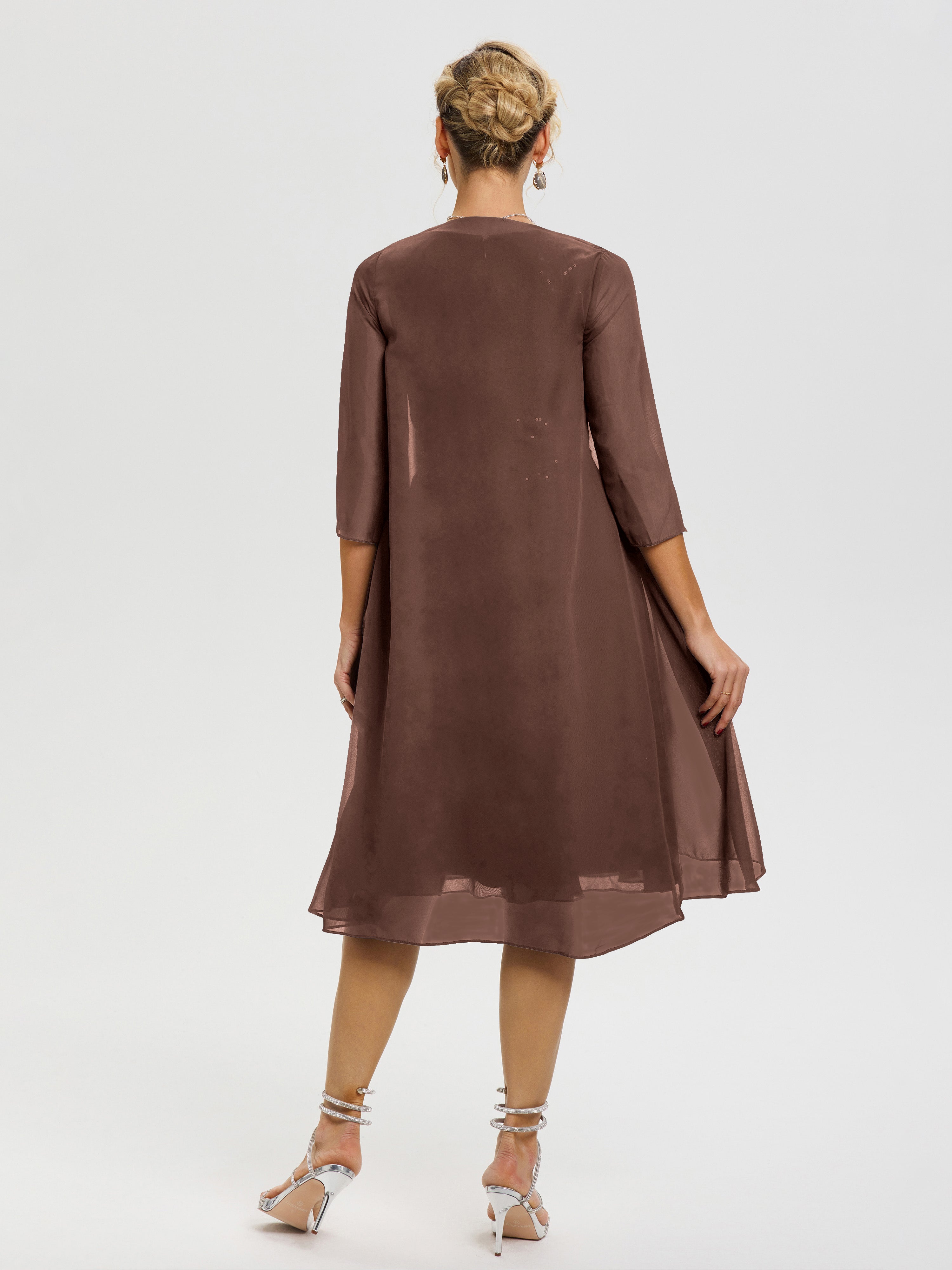 Robe Mere Dela Mariee Chocolat 2 Pièces Asymétrique Col V Mousseline & Dentelle Tenue Mère De La Mariée Très Chic