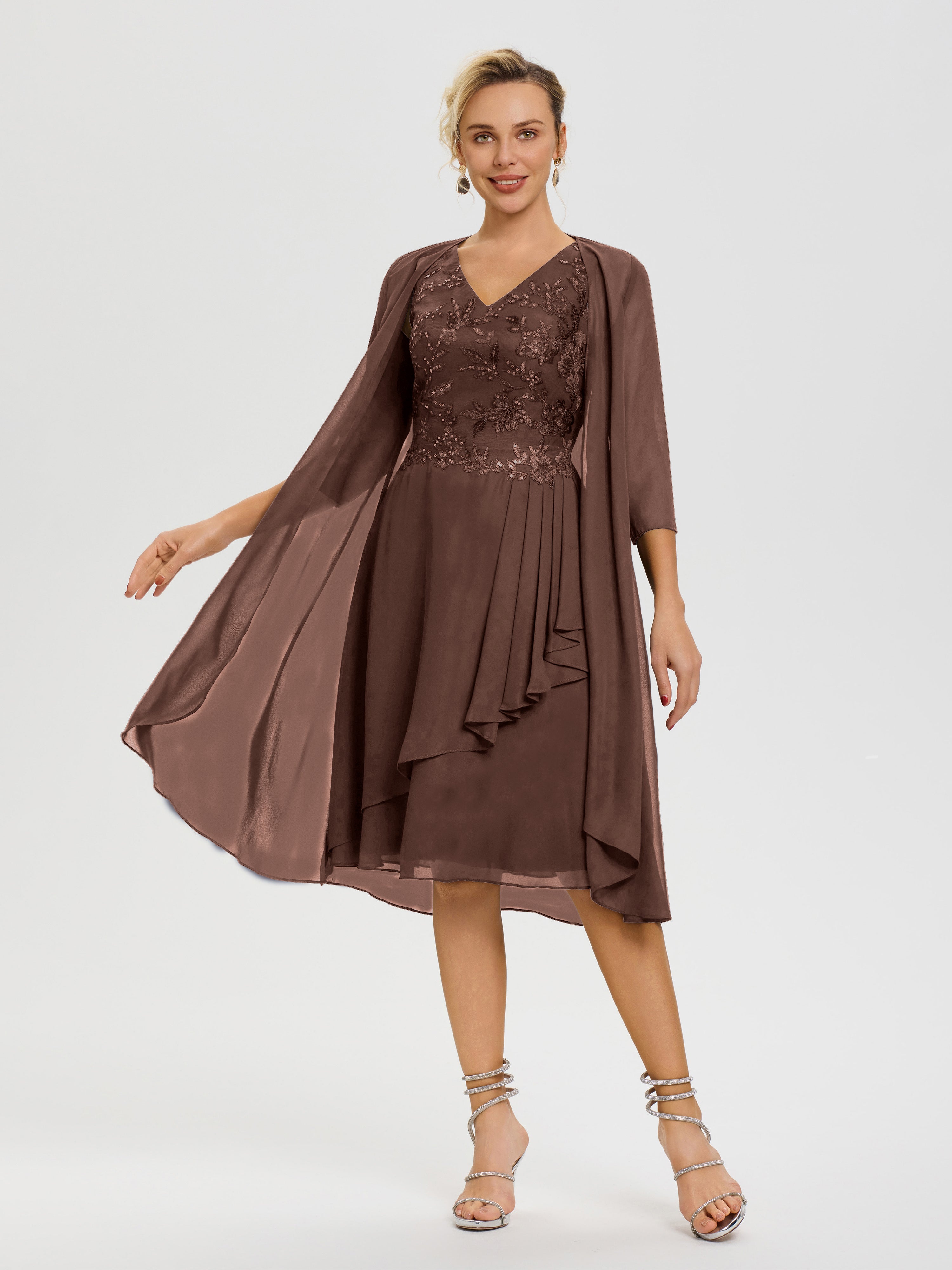 Robe Mere Dela Mariee Chocolat 2 Pièces Asymétrique Col V Mousseline & Dentelle Tenue Mère De La Mariée Très Chic