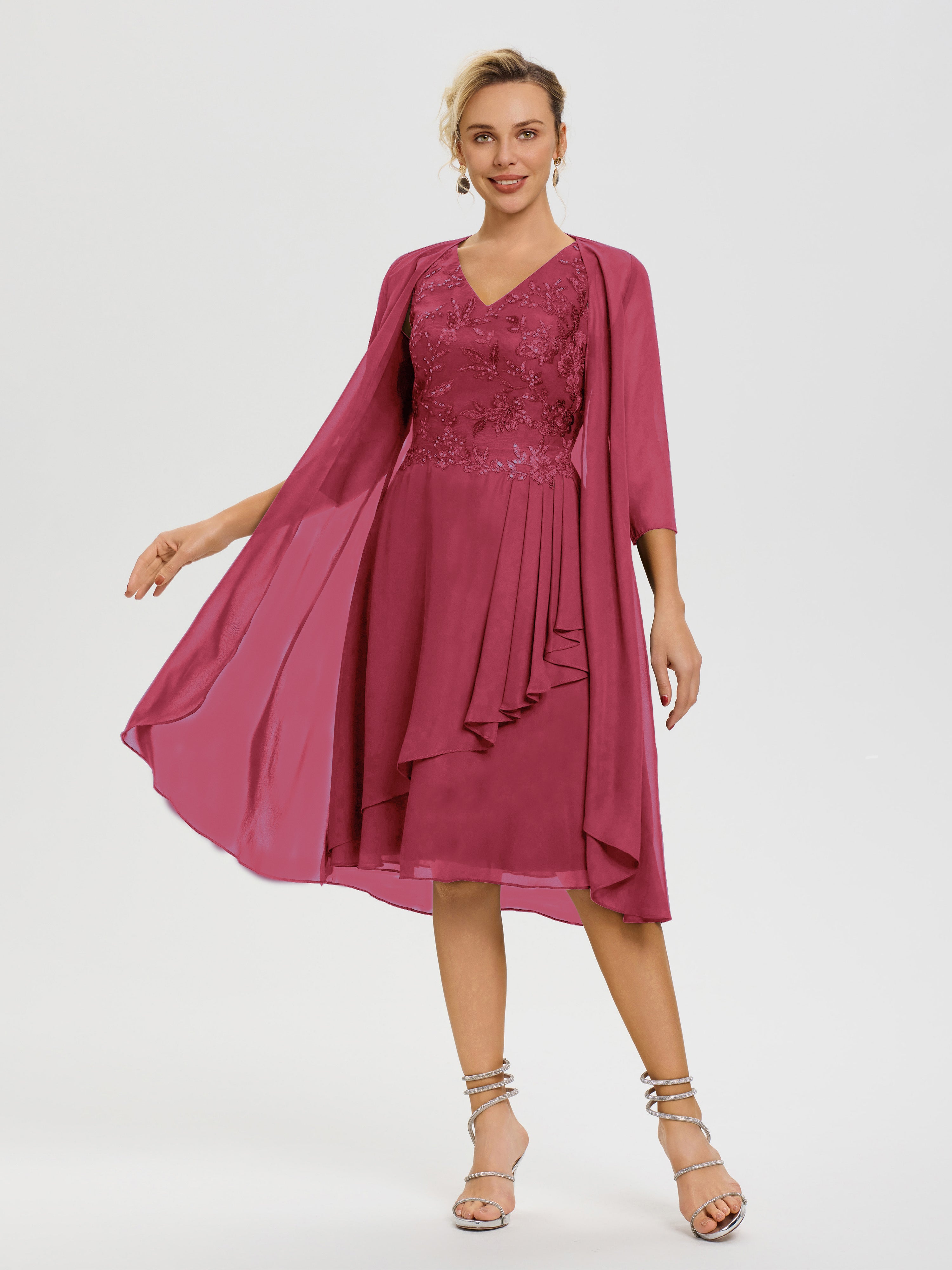 Robe Mère Marié Rose Cannelle 2 Pièces Asymétrique Col V Mousseline & Dentelle Tenue Mère De La Mariée Très Chic